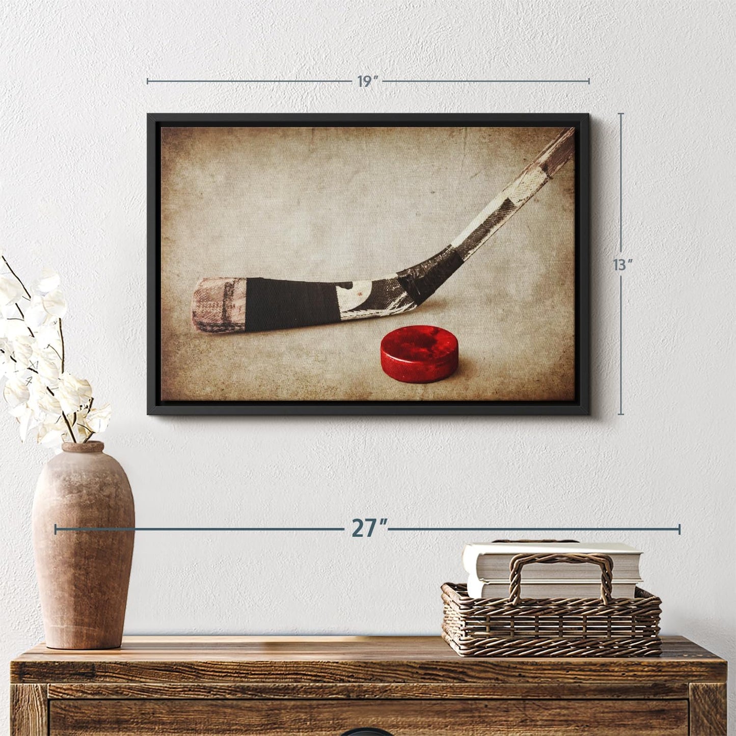 Elephant Stock Vintage Ice Hockey Wall Art - Horizontal Framed Canvas - 1-Piece Hallway Wall Decor - Photography Sports Canvas Print - Brown and Beige Decor for Wall - 19" X 13"