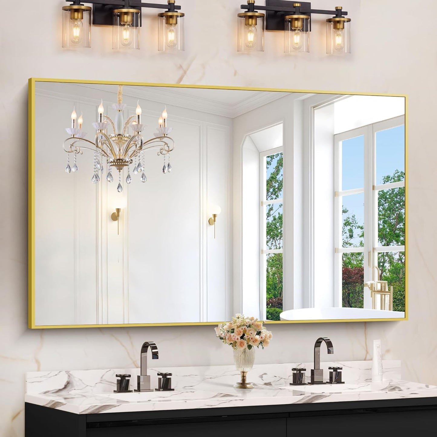 Gold Bathroom Mirror for Wall, 60x36 Inch Rectangle Mirrors with Metal Frame, Modern Vanity Wall Mirror Decor for Bathroom Living Room, Entryway Hangs Horizontal or Vertical
