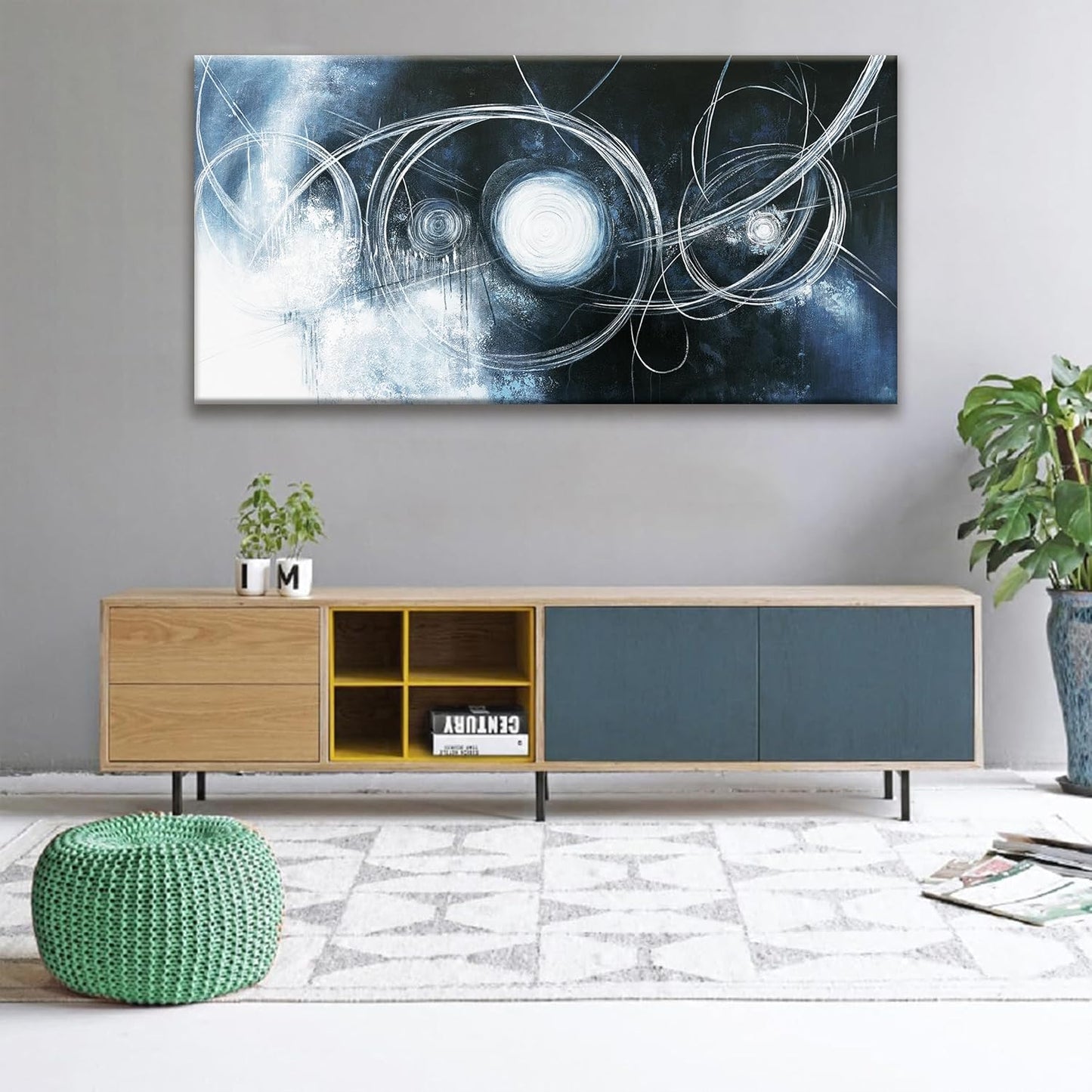 TAIJXAGSG Abstract Wall Art Modern Wall Decorations Maximalist Dark Blue Canvas Wall Art Decor Prints White Line Artwork For Living Room Bedroom Kitchen Office Artwork Ready To Hang 24"×48"