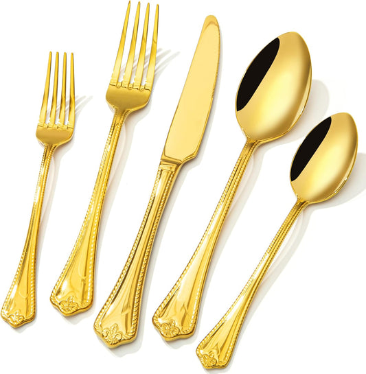 KINGSTONE Gold Silverware Set, 40-piece 18/10 Stainless Steel Flatware Set Cutlery Set for 8, for Kitchen, Home, Wedding, Party, Mirror Polished and Dishwasher Safe, Featured Gifts