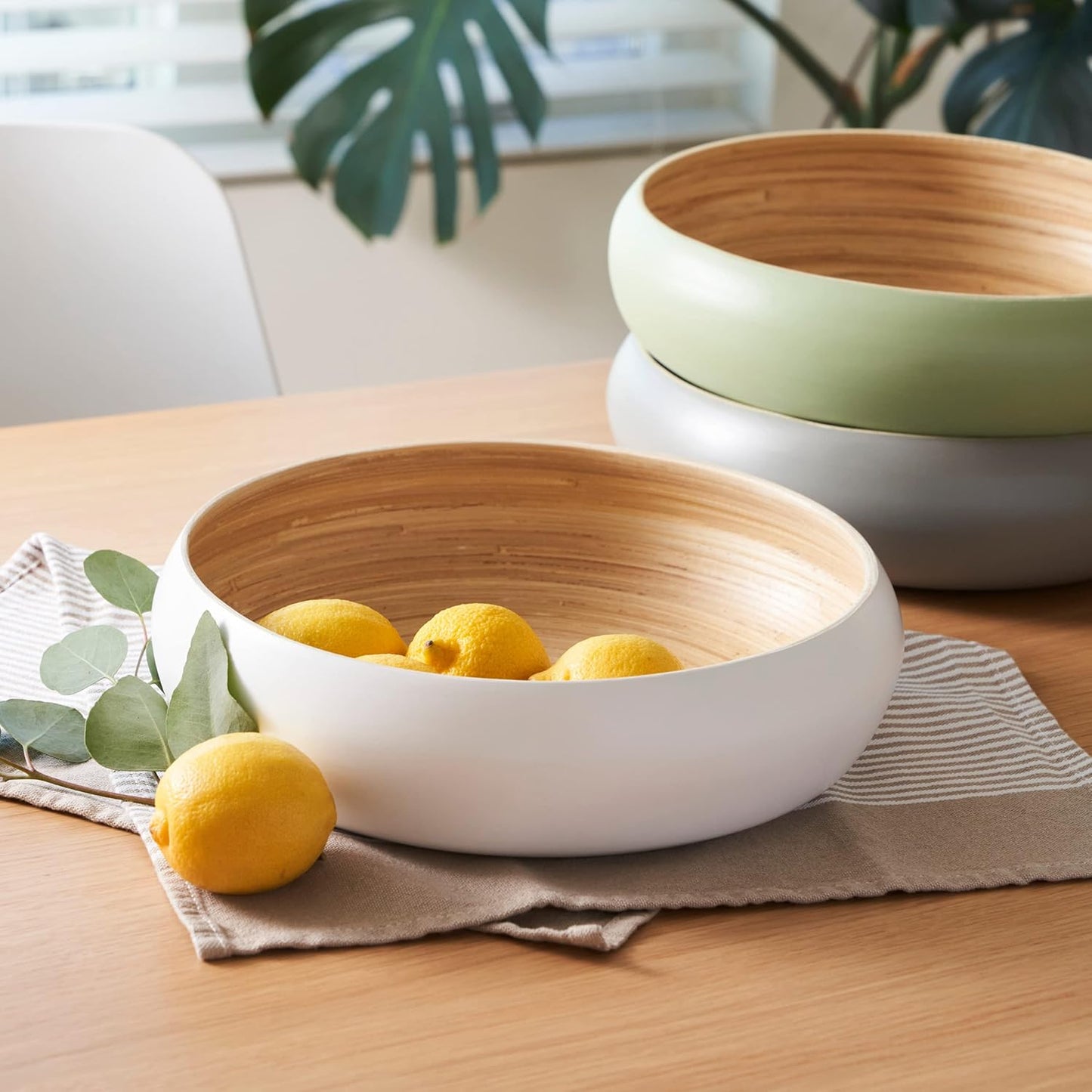 Fruit Bowl For Kitchen Counter, Decorative Bowl, Large Serving Bowl Or Fruit Basket For Kitchen Spun Bamboo (White)