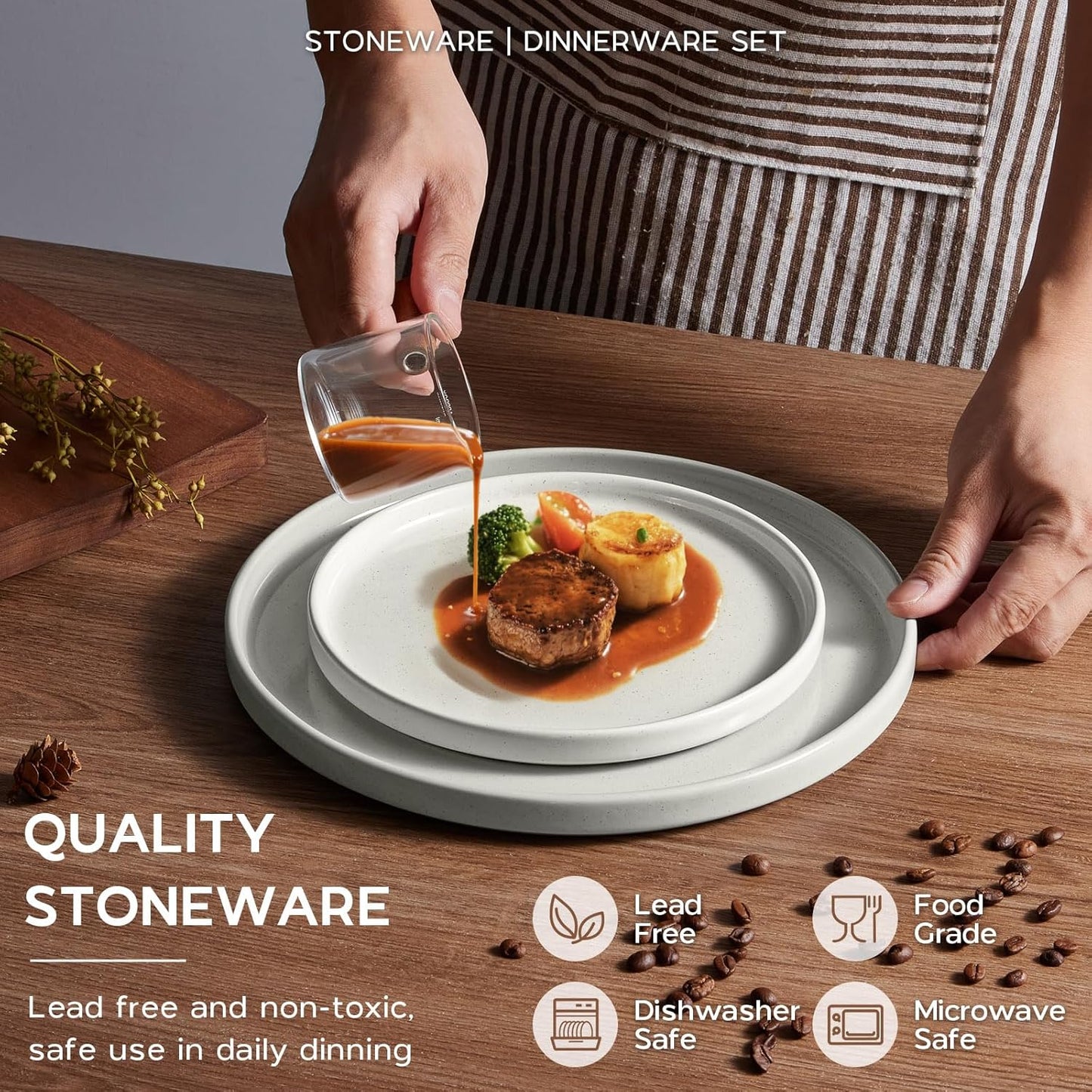 Stoneware Dinnerware Sets for 2, Onader Speckled Plates and Bowls, 8 Pieces Ceramic Dish Dinner Set with Pasta Bowl, Microwave & Dishwasher Safe - Cloud White