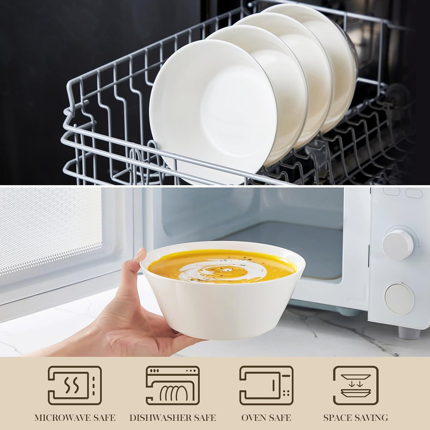 MALACASA 35 OZ Soup Bowls, White Porcelain Bowls Set of 4, Deep Bowls for Kitchen, Large Ceramic Bowls for Soup, Cereal, Salad, Ramen and Fruit, Dishwasher & Microwave Safe, Series Regular