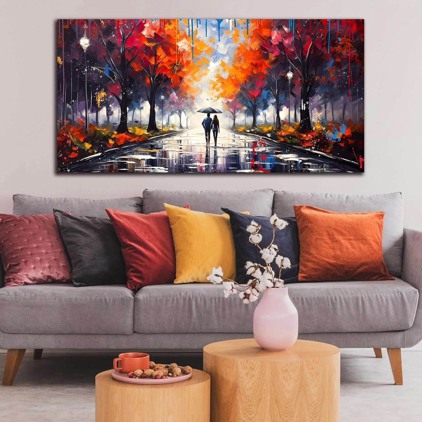 Large Canvas Wall Art for Living Room Bedroom Couple Walking in the Rain Picture Graffiti Red Tree Canvas Prints Framed Home Decor Size 24x48