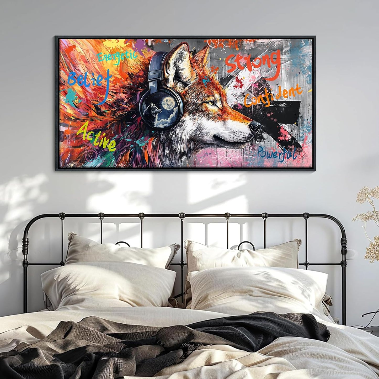 JEAWA Graffiti Canvas Wall Art - Modern Street Pop Art Wolf Funny Graffiti Framed Painting for Living Room Bedroom Bathroom Office Home Pictures Inspiring Decor Gifts for Boys 20x40 IN