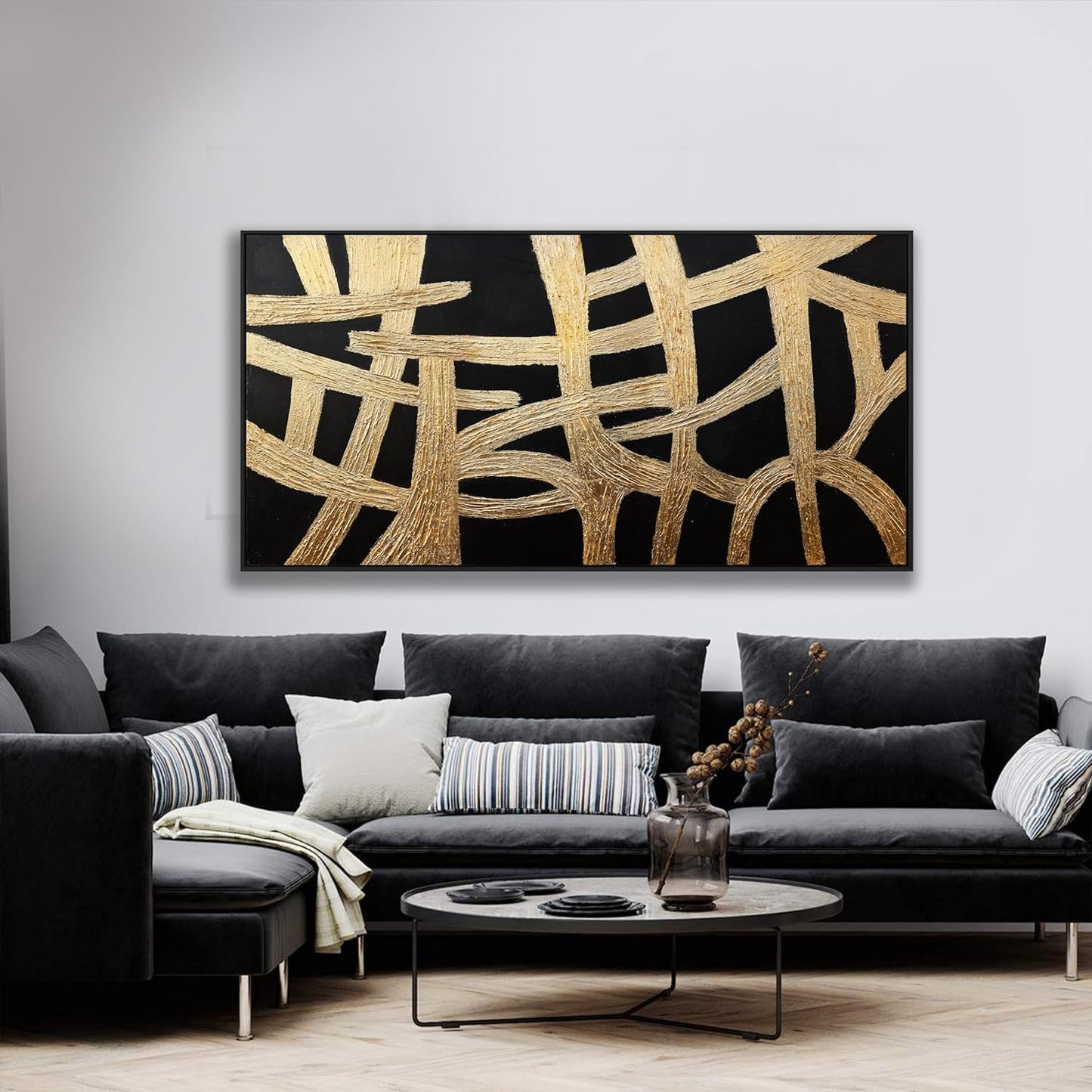 Abstract Canvas Wall Art Modern Artwork Canvas Prints Framed Canvas Picture Contemporary Wall Art Black And Gold Lines Texture Artwork Bedroom Living Room Office Decoration Ready To Hang 24x48