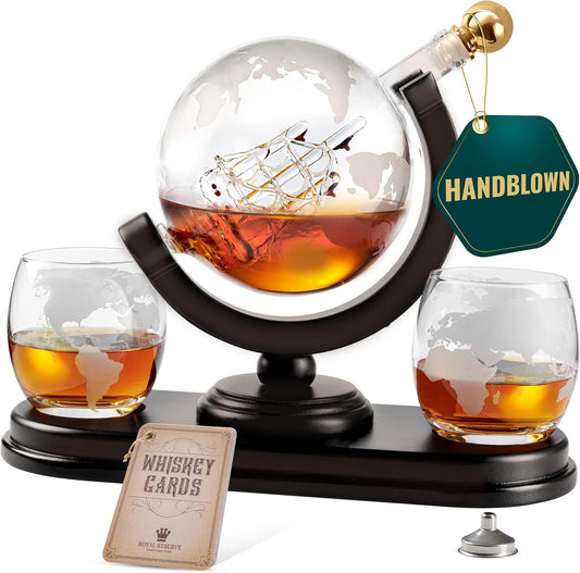 Globe Whiskey Decanter Gift Set by Royal Reserve | Etched World Map Globe Decanter 29 oz 850 ml with Glasses for Bourbon, Liquor – Whiskey Gifts for Men Dad Boyfriend Husband