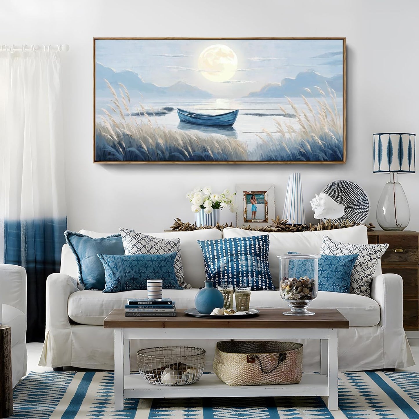 amatop Oversized Framed Coastal Wall Art for Living Room Blue Boat Moon Sea Picture Landscape Canvas Print Calming Night Ocean Lake Scene Large Artwork Nautical Bedroom Office Wall Decor 58x29 In