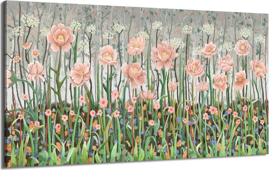 amatop Extra Large Floral Wall Picture for Living Room Modern Botanical Canvas Prints Flower Field Wall Decor Abstract Nature Art Wildflower Garden Pink Green Stretched Artwork Bedroom Office 58x29 in