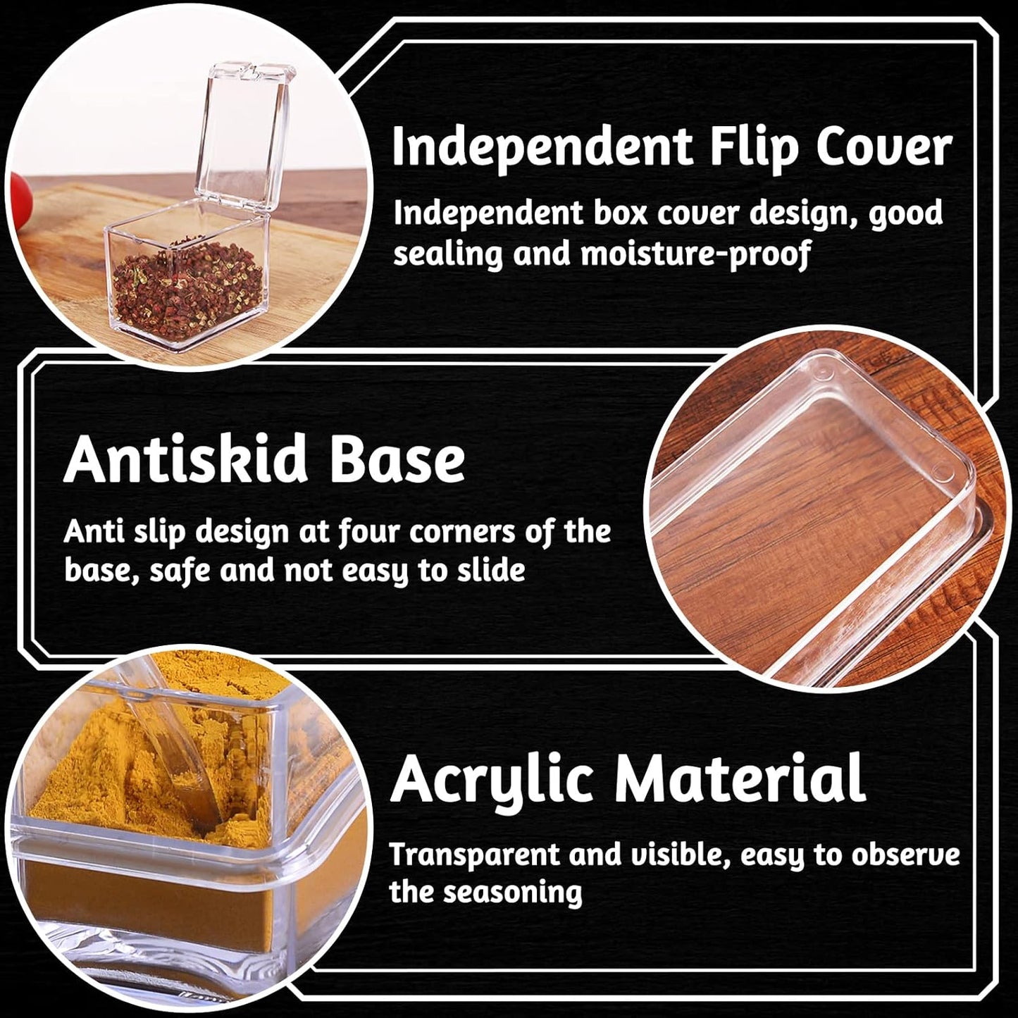 4 PCS Seasoning Box, Clear Spice Containers with Spoon, Acrylic Toppings Containers with Lids, Kitchen Multi Spice Box for Salt, Sugar, Pepper, Garlic Powder