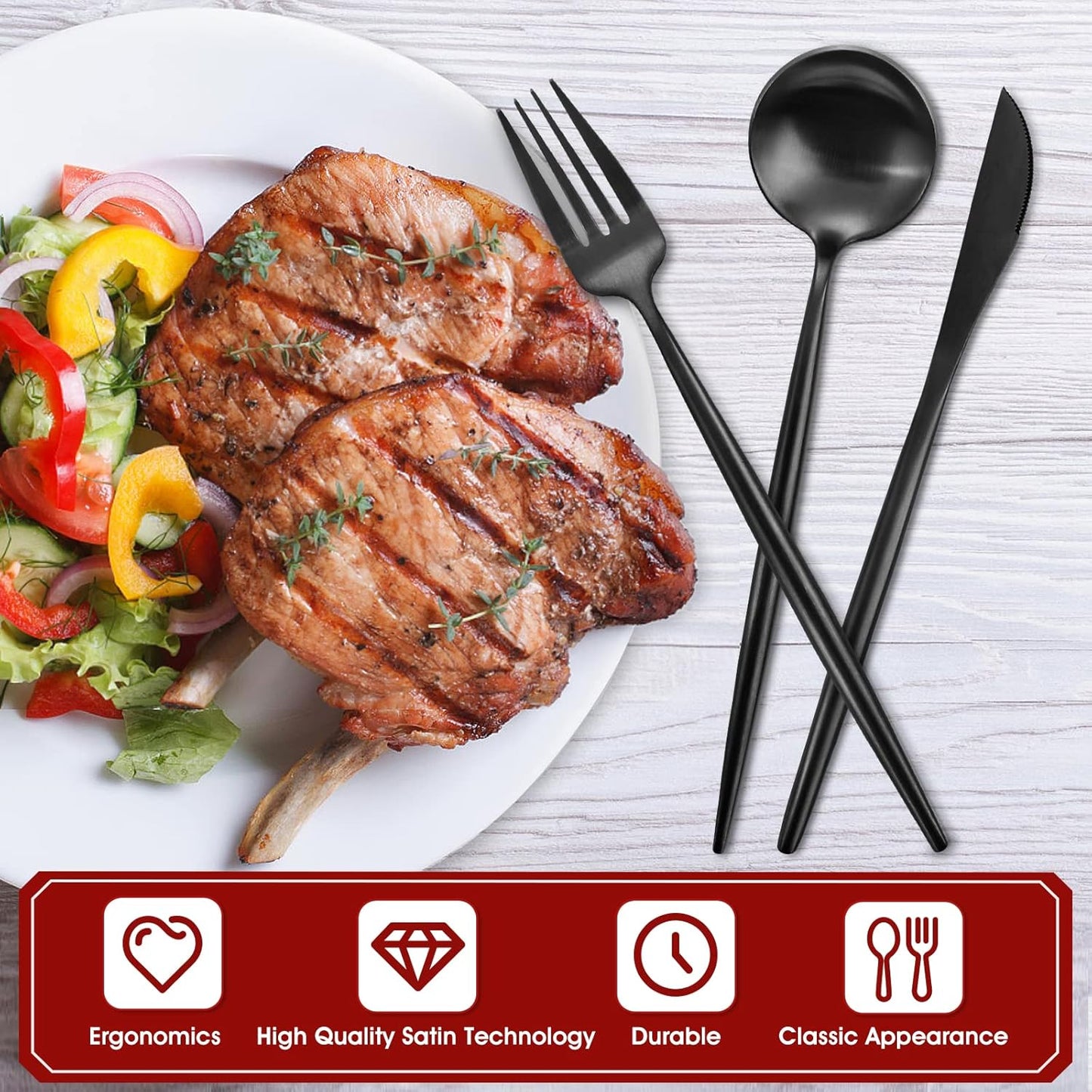 Matte Black Silverware Set, 40-Piece Stainless Steel Flatware Set, Tableware Cutlery Set Service for 8, Satin Finish Utensils Set, Knife Fork Spoon Set for Home and Restaurant, Dishwasher Safe