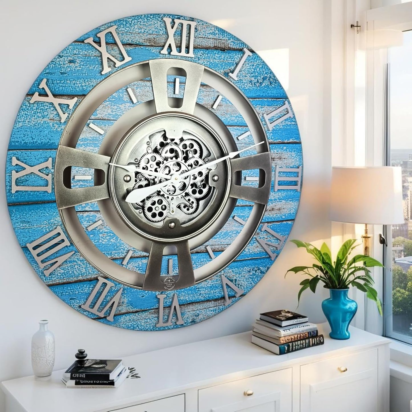 The Gears Clock Real Moving Gear Wall Clock England Line (Ocean Blue, 36 inches (90 cm))