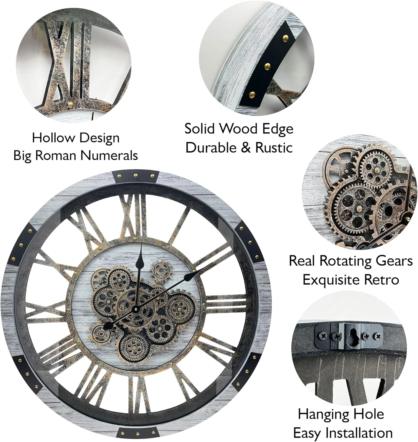 DORBOKER 27" Original Moving Gears Wall Clock, Large Industrial Wall Clock for Living Room Decor, Retro Metal Solid Wood Vintage Farmhouse Steampunk Rustic Clocks for Wall Decor,Silver Grey