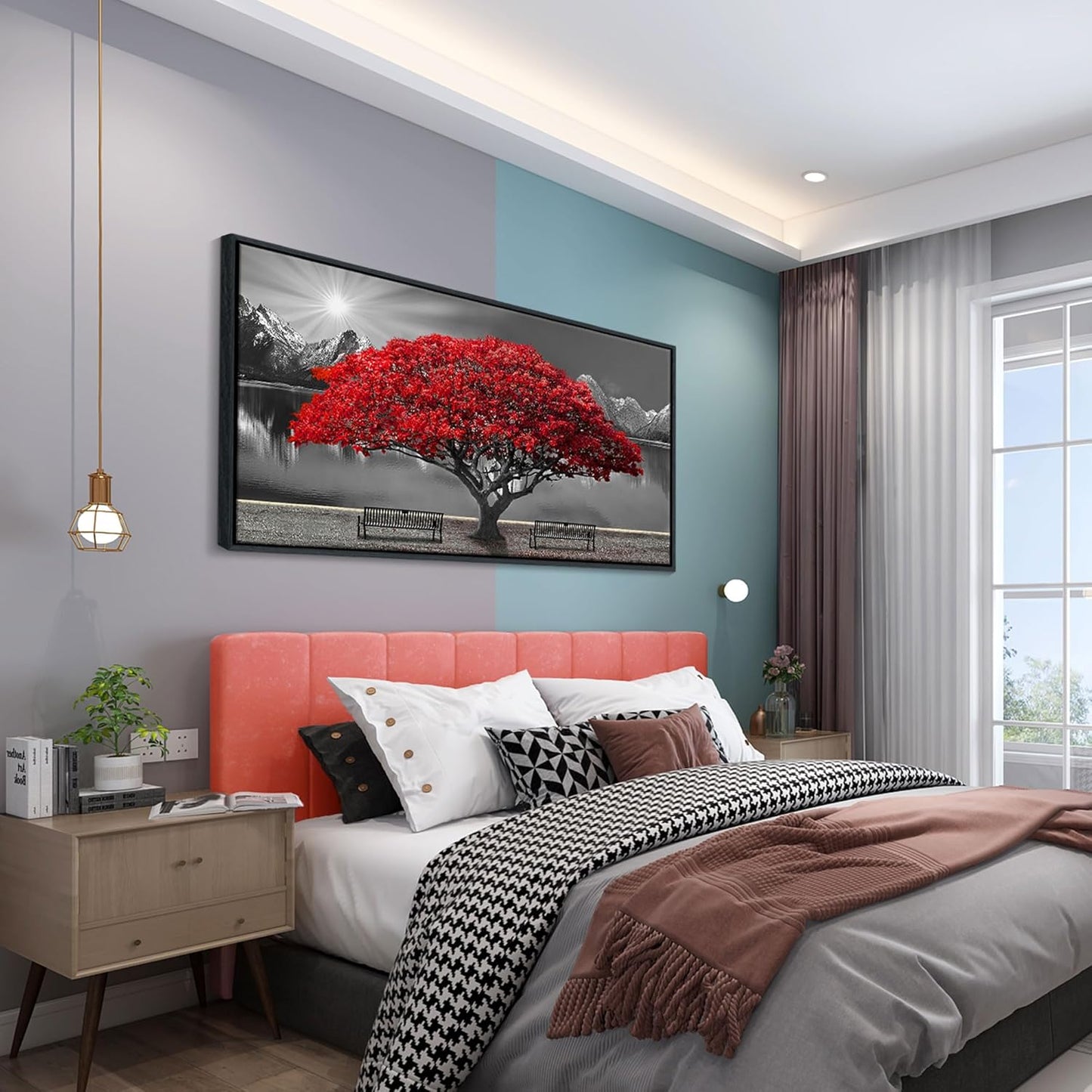 Framed Black and White Red Tree Wall Art Canvas Print Picture Large Red Tree Landscape Modern Artwork for Living Room Bedroom Office Home Wall Decor With 24X48inch