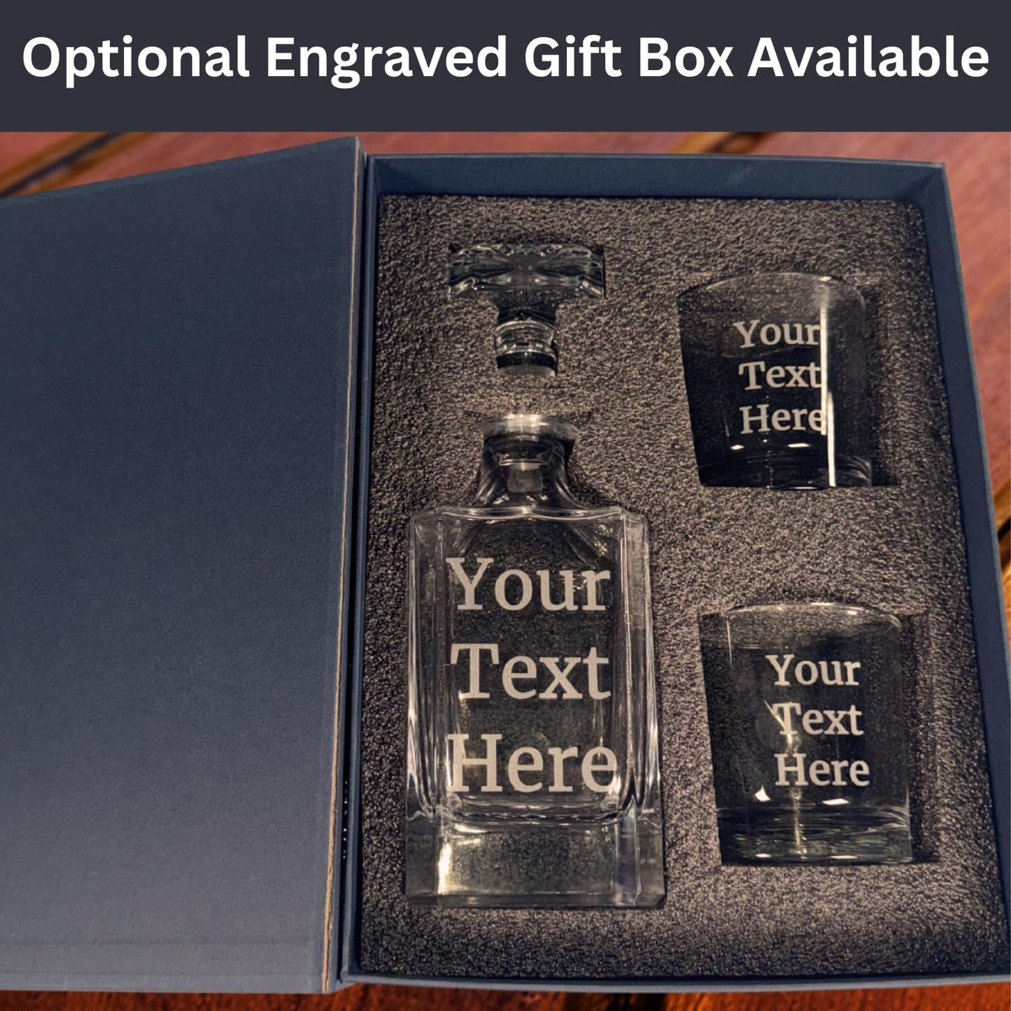 Gifts Inscribed Custom Text Whiskey Decanter & Glasses Set of 2 – Engraved Glass Cups Drinking Glasses Set of 2 – Personalized Whiskey Glasses Drinking Set – Customized Whisky Glassware Gift for Him
