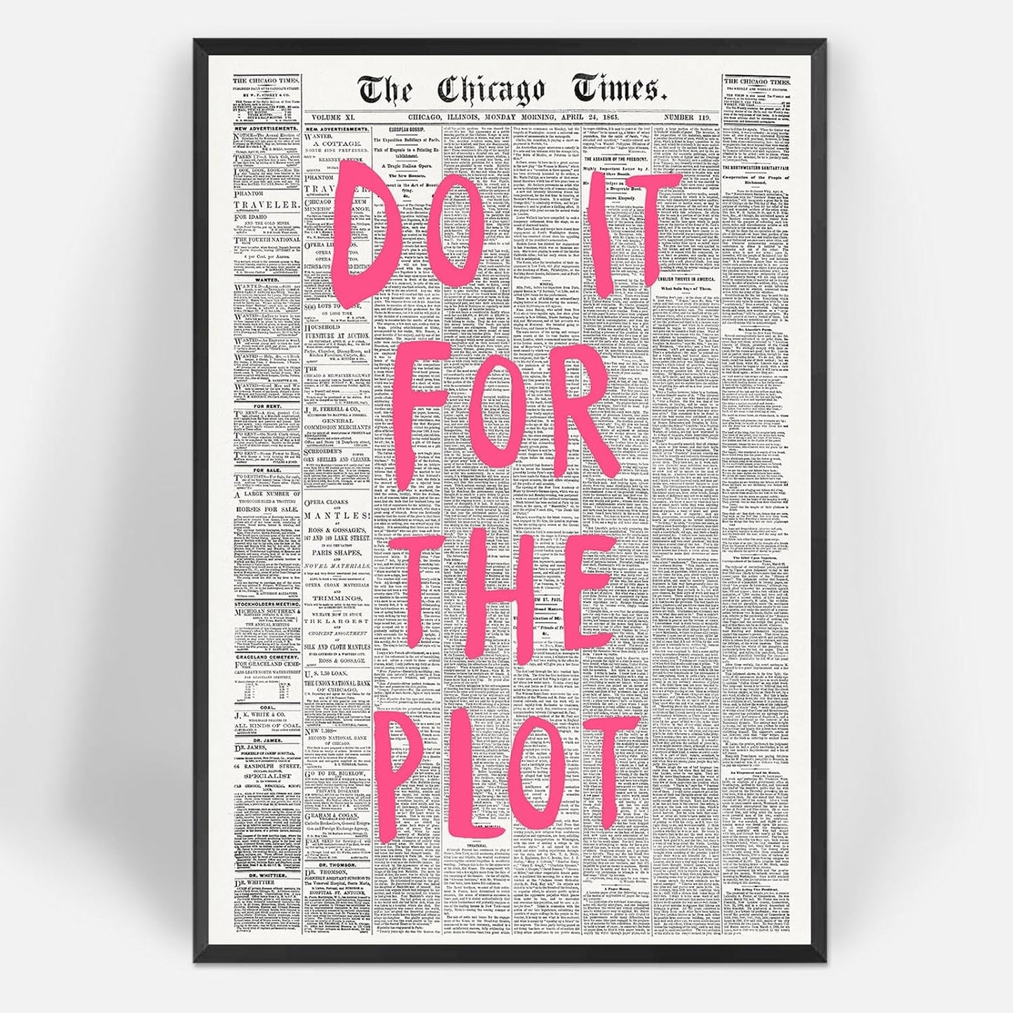 Liyark Retro Black And White Chicago Newspaper Poster Pink Trendy Preppy Apartment Art Motivational Affirmation Do It For The Plot Prints For Home Bedroom Living Room Wall Decor 24x36in Framed