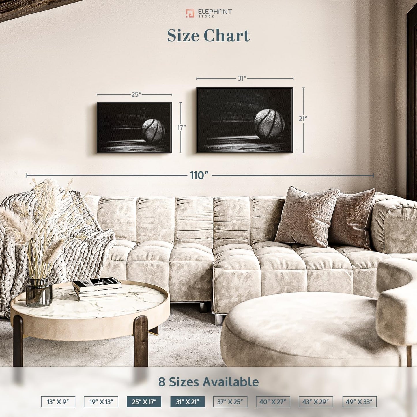 ElephantStock Basketball Wall Art - Horizontal Framed Canvas - 1-Piece Hallway Wall Decor - Photography sports Canvas Print - Black and Gray Decor for Wall - 31" X 21"