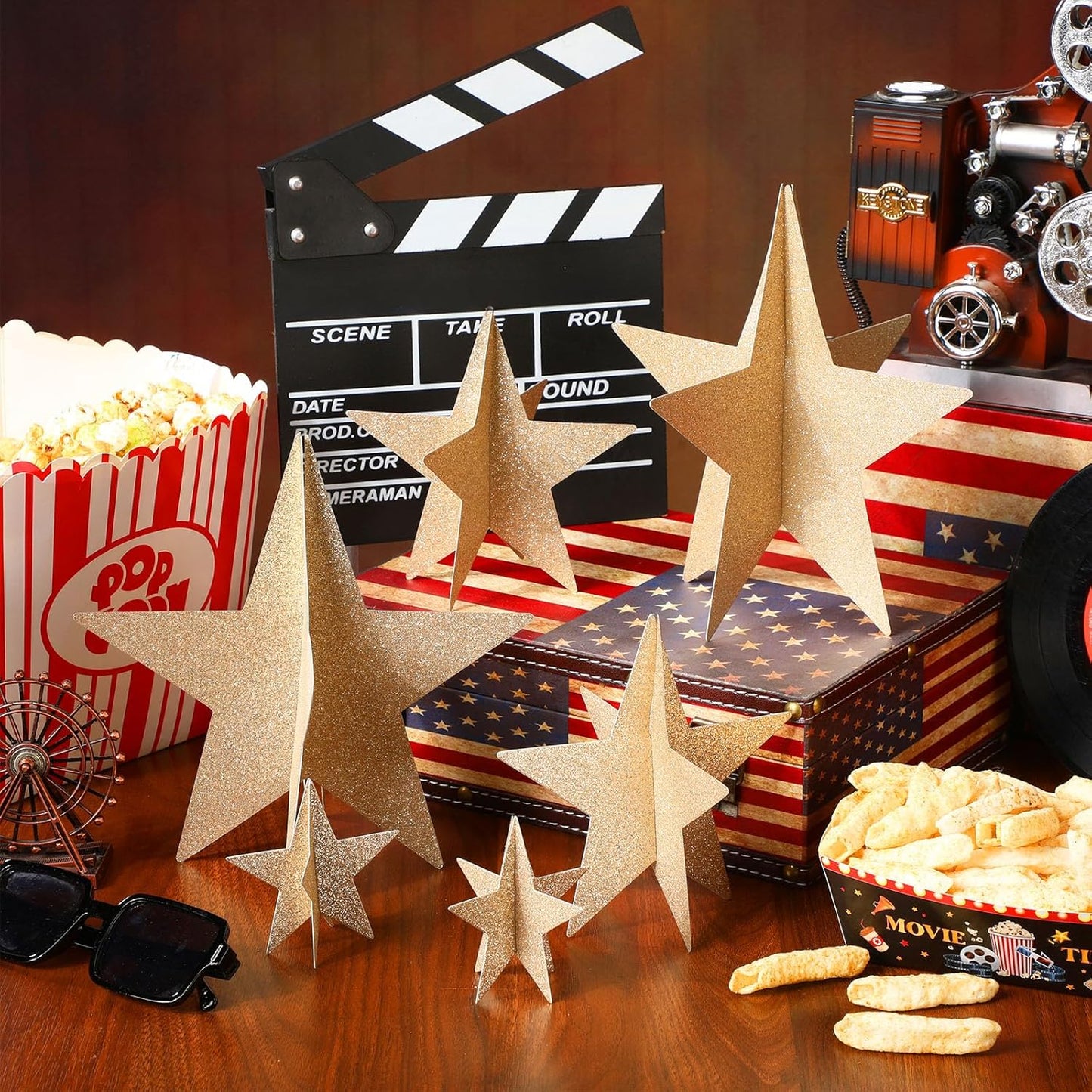 45 Pcs 3D Star Centerpieces Movie Night Decorations for Table in 3 Sizes Hanging Supplies for Red Carpet Film Show Theme Birthday New Year Party First Day of School Table Decor(Champagne)