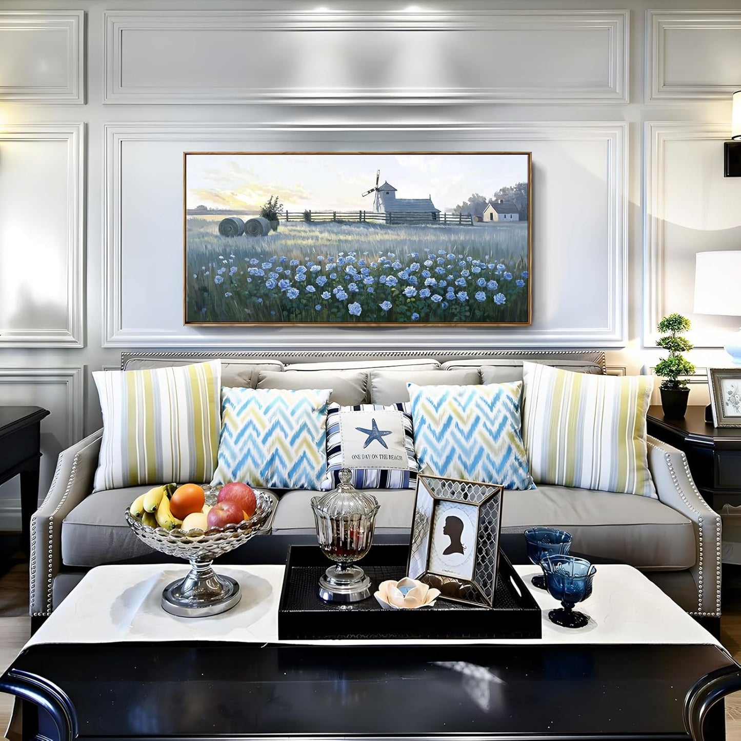 amatop Large Framed Country Landscape Wall Art – Blue Floral Canvas Art Print Vintage Rustic Farmhouse Picture Sunset Nature Artwork Wall Decor for Bedroom Dining Room Office Entryway 48x24 Inch