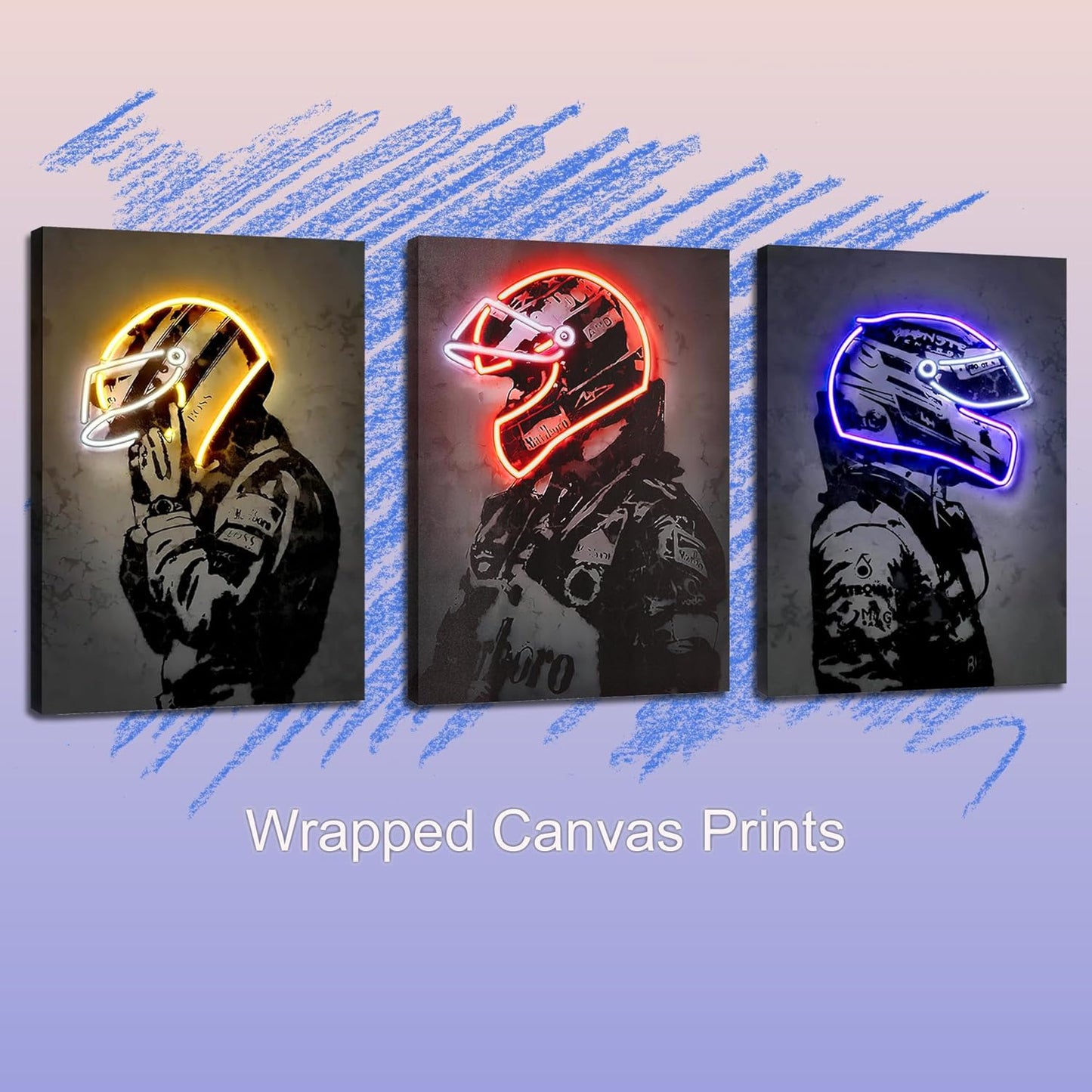 Sorventina Racing Superstar Wall Decor Canvas Prints- 3pcs Set Sports Painting Art Decor, Neon Racing Driver and Motorcycle Wall Art for Bedroom Living Room Home Decor, Wrap Framed(colorful, 12x16)