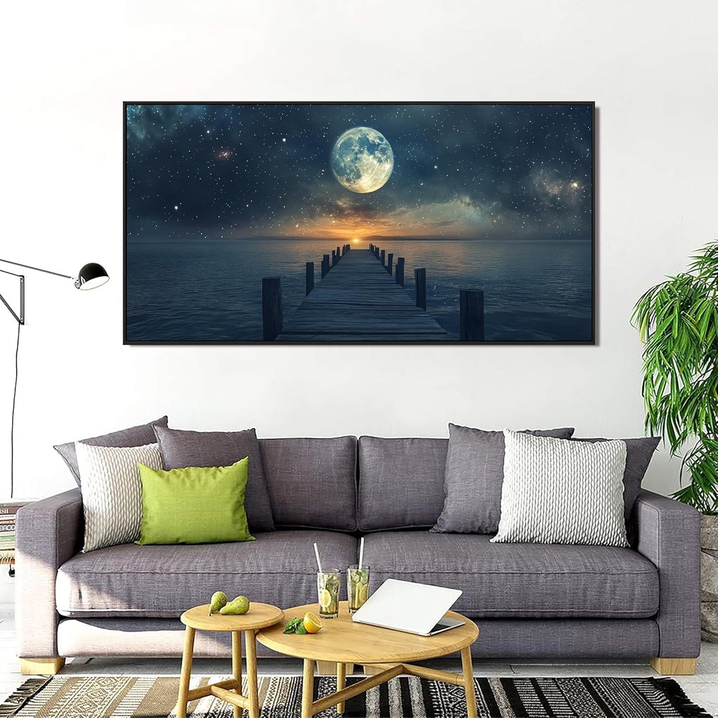 Canvas Wall Art Decor Large Framed Wall Art Prints Wall Art Pictures for Living Room Canvas Art Wall Decor Landscape Coastal Wall Art Star Moon Artwork for Walls Home Office Aesthetic Decor 29" x 58"