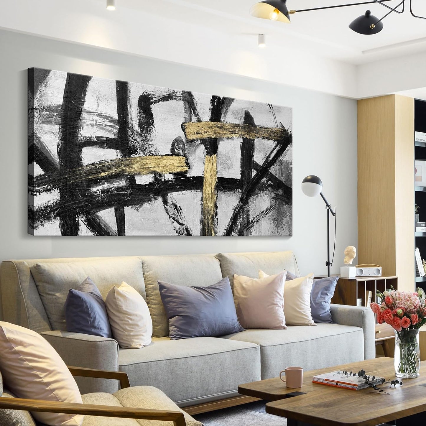 Abstract Living Room Wall Art - Large Black and White Gold Abstract Lines Bedroom Wall Decor Ink Dancing Canvas Prints Paintings for Dining Room Office Room Home Decor 29x58IN