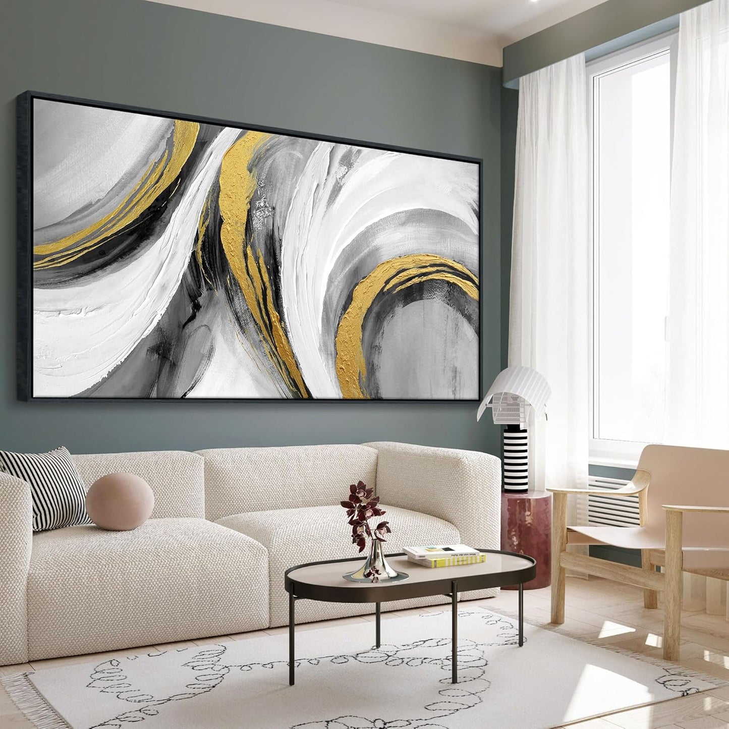 White Gold Wall Art - Abstract Framed Large Size Black White Gold Hand Drawn Textures Artwork Ink Dances With Gold Canvas Painting for Living Room Office Hallway Bed Above Decor 29"X58"