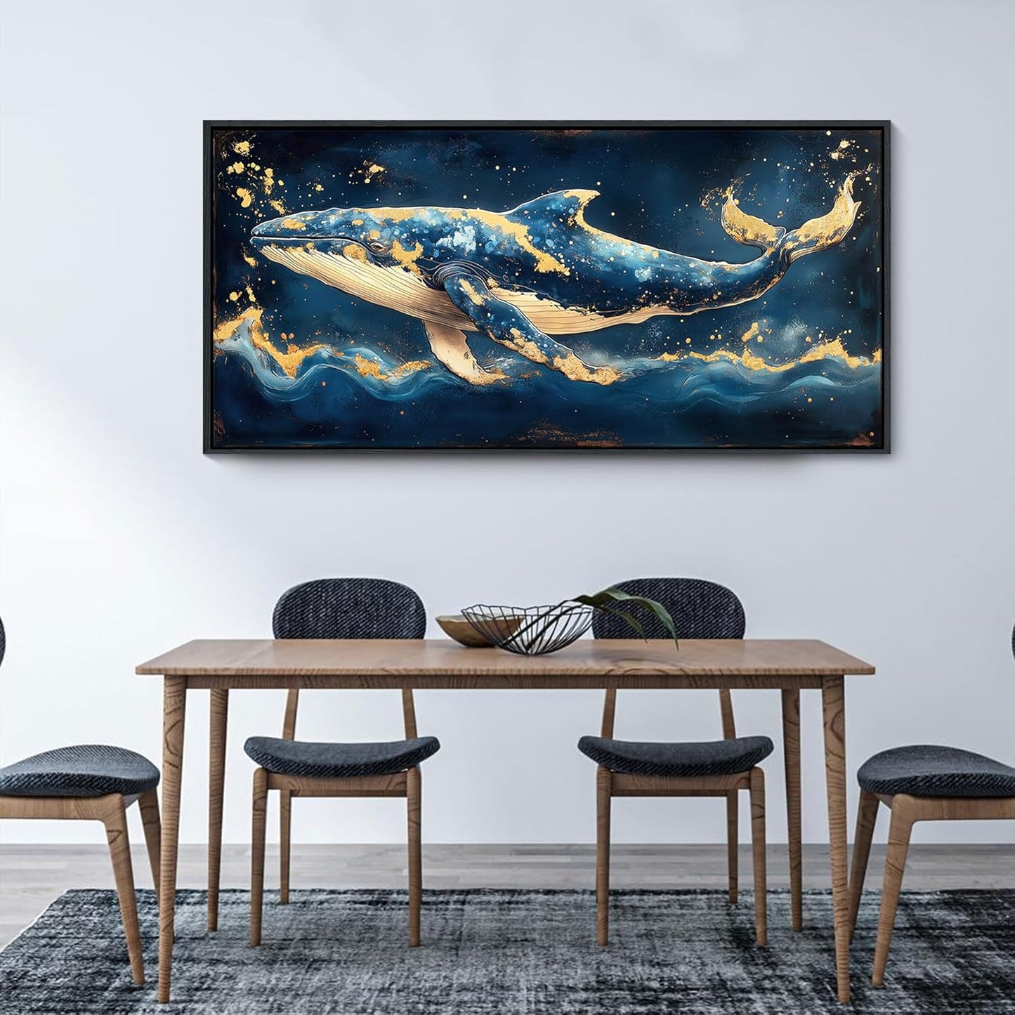 JEAWA Large Framed Canvas Wall Art - 24x48 IN Marine Animal Painting Wall Decor, Blue White Gold Whale Picture, Modern Art Prints for Living Room Bedroom Bathroom Home Decoration