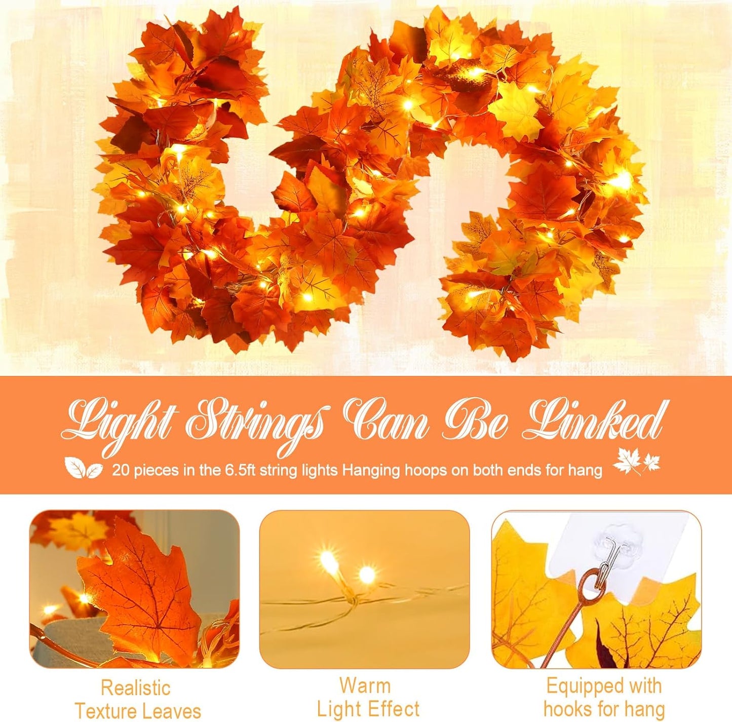 Joyhalo 2 Pack Fall Garland with Lights, Fall Leaves for Mantle, Outdoor Lighted Up Leaf Garland Autumn Decor with 6.5FT LED String Lights, Hanging Maple Leaves for Door, Thanksgiving Decor