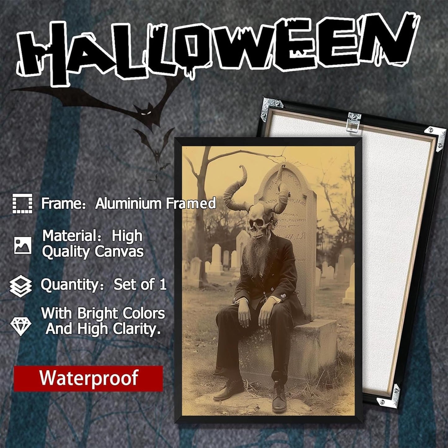 Skeleton Halloween Forest Occult Poster Vintage Spooky Canvas Wall Art Gothic Room Decor Dark Academia Bedroom Decorations Creepy Skull Prints Picture Aesthetic 16X24inch Aluminum Framed