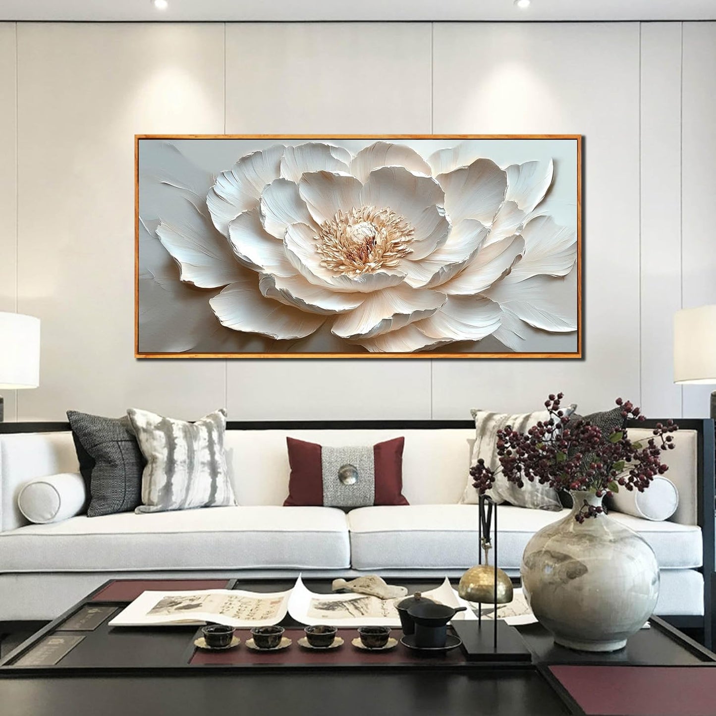 White Flower Pictures Wall Decor for Office Women - Modern Wall Art for Living Room - Wooden Framed Wall Art for Bedroom Size 29" x 59"