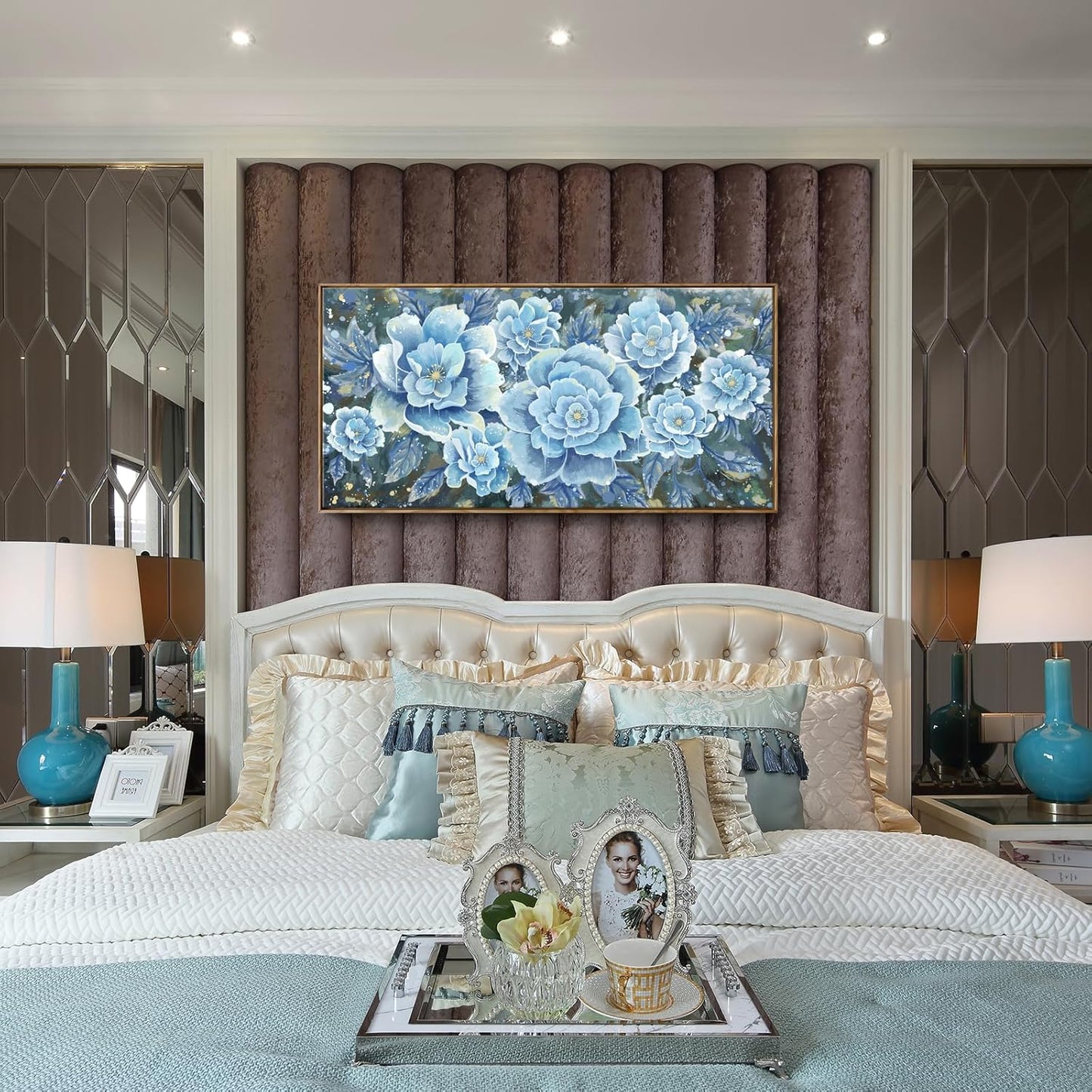 Large Blue Wall Art Decor Modern Framed Wall Picture for Living Room Bedroom Office Decor Floral Canvas Art Prints Botanical Wall Picture Abstract Peony Flower Horizontal Artwork Ready to Hang 48x24