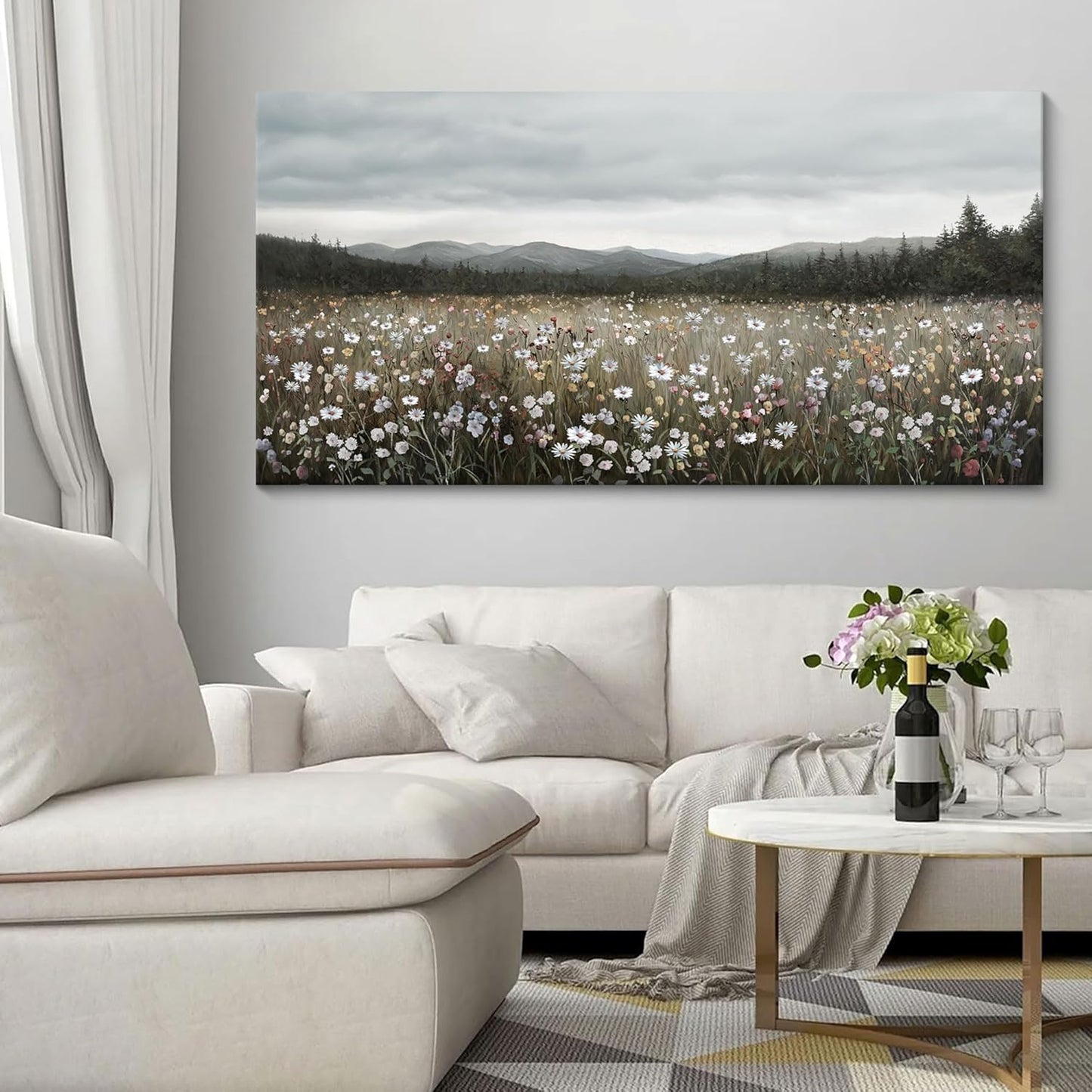 HGUAOA Vintage Landscape Wall Art for Bedroom and Living Room - Large Floral Artworks Farmhouse Wall Decor - Framed Neutral Nature Pictures - Above Bed Decor with Mountain Scenery 24×48IN