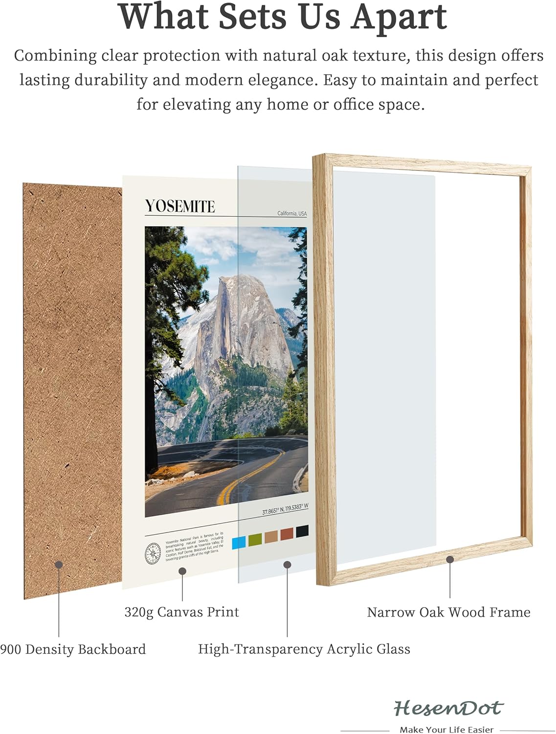 HesenDot Natural OAK Wood Yosemite National Park Framed Wall Art,12x16in Natural Scenery Canvas Wall Print,Classic Urban Landmark Wall Decor for Living Room,Bedroom,Office Gallery Gifts Set of 1