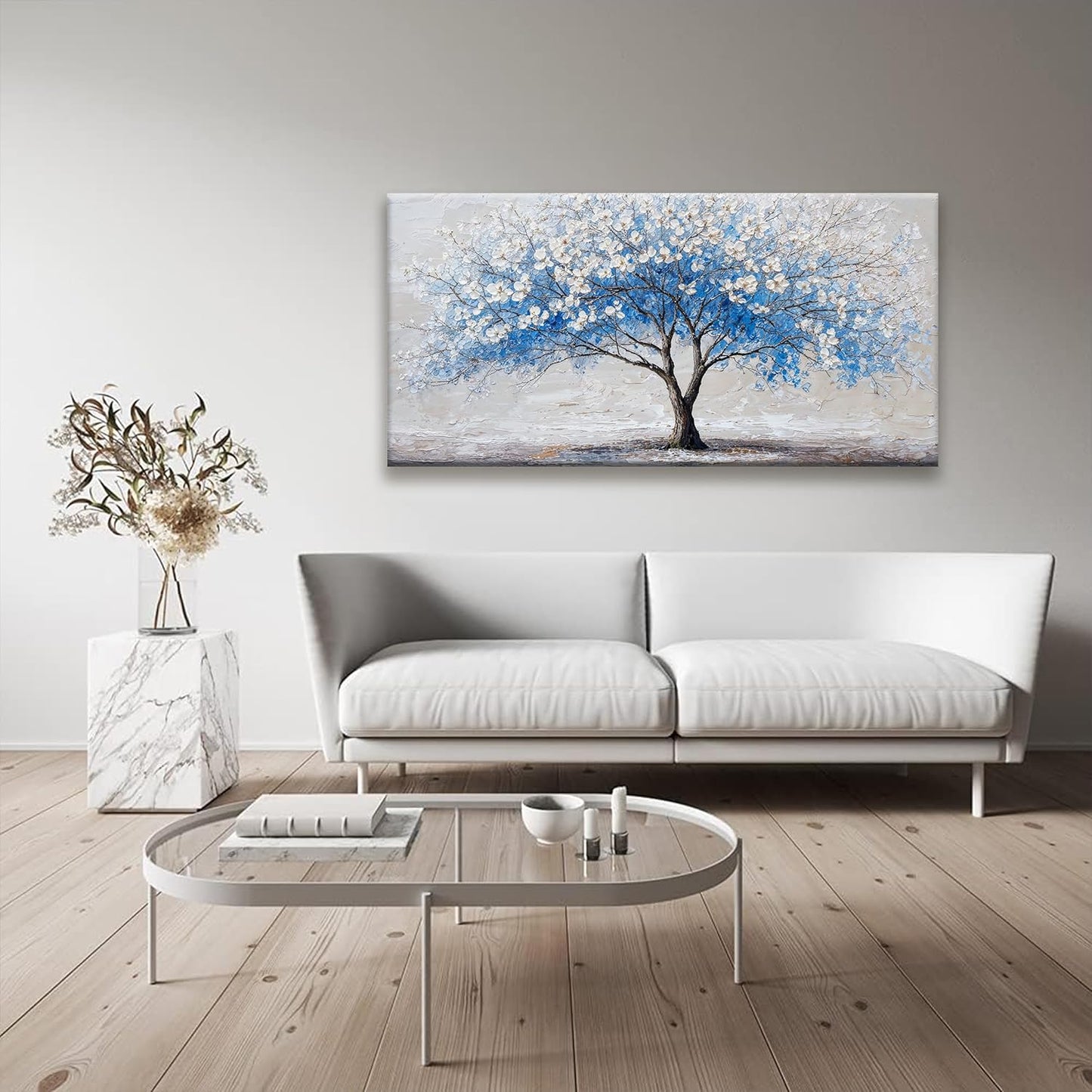 Suconvng Wall Art Blue Tree Of Life Modern Wall Artwork Canvas Art Wall Decor Pictures Painting Blue Tree Abstract Wall Decor For Living Room Bedroom Dining Room Home Office Artwork 24"×48"