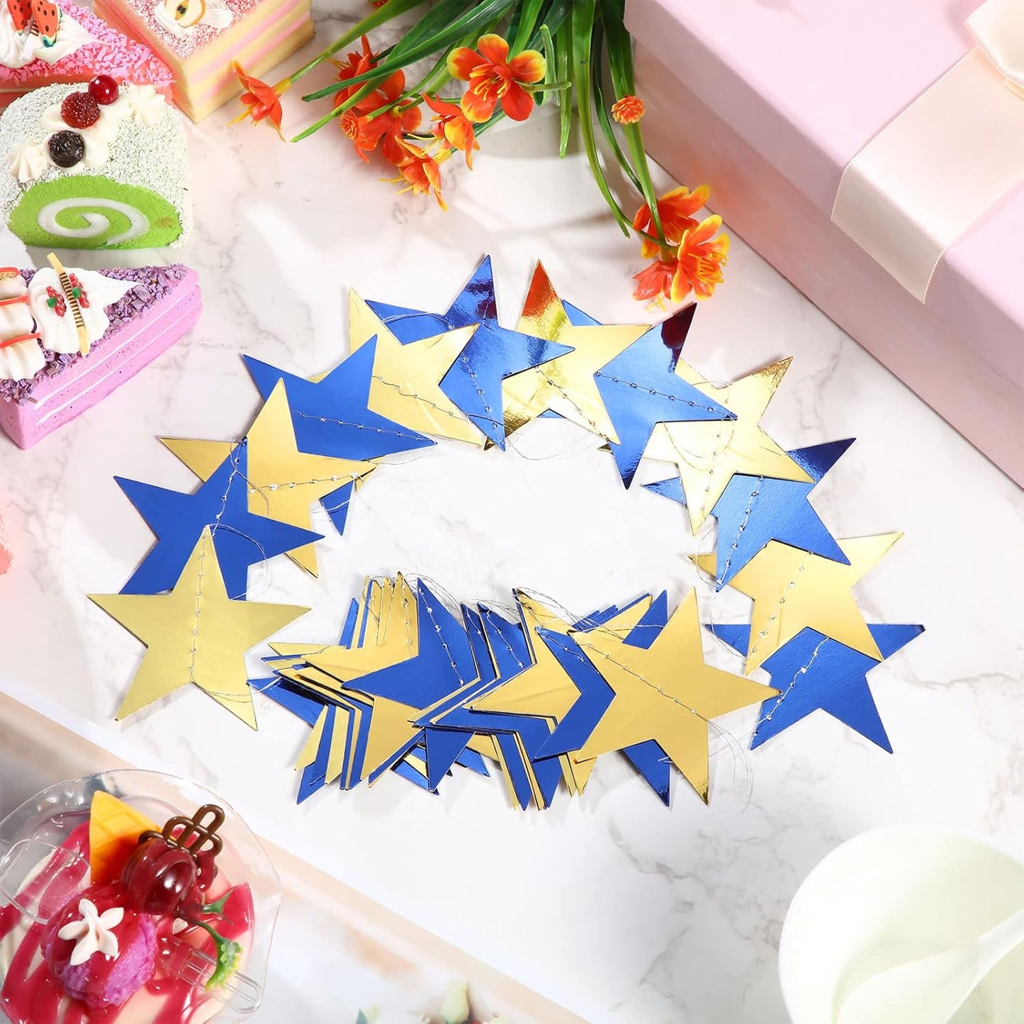Patelai Glitter Star Garland Banner Decor 130 Feet Star Hanging Bunting Banner Twinkle Backdrop for Homecoming Classroom Wedding Birthday Halloween Christmas Party Supplies(Blue, Gold)