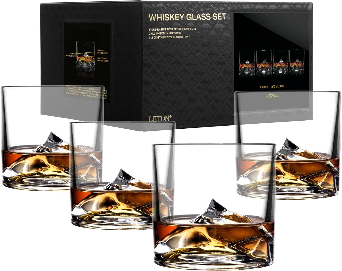 Mount Everest Heavy Crystal Whiskey Glasses Gift Set of 4, Thick Freezable Bourbon Glass 1lb Each, Premium Whiskey Gifts for Men, Frozen Crystal Chills Cocktails, 10 oz