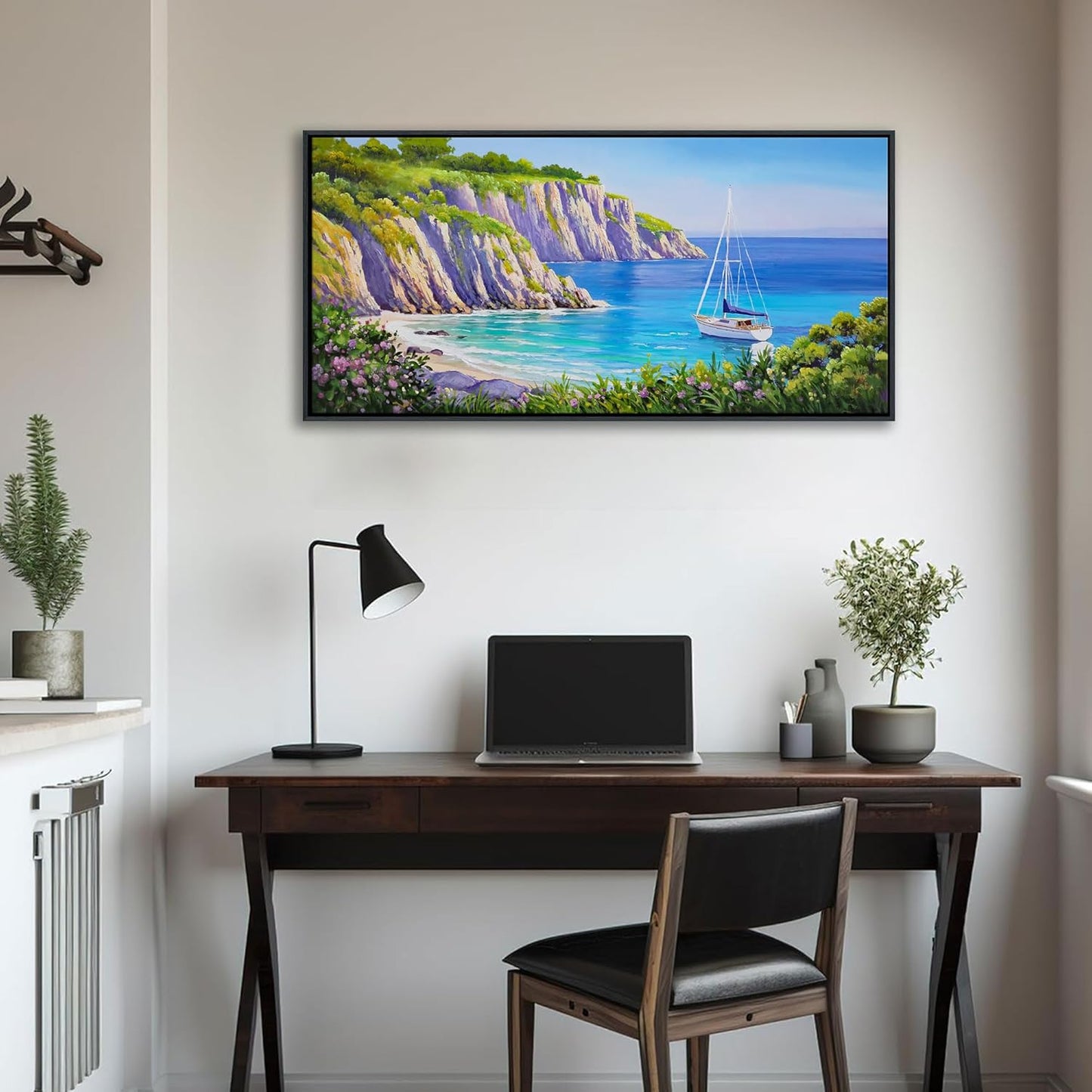 QZQCBLC Coastal Batnroom Wall Art - Blue Sea Sailing Boat Canvas Pictures Purple Flower Mountains Ocean Landscape Paintings Artwork for Living room Bedroom Office Framed Navigation Decor 20"X40"