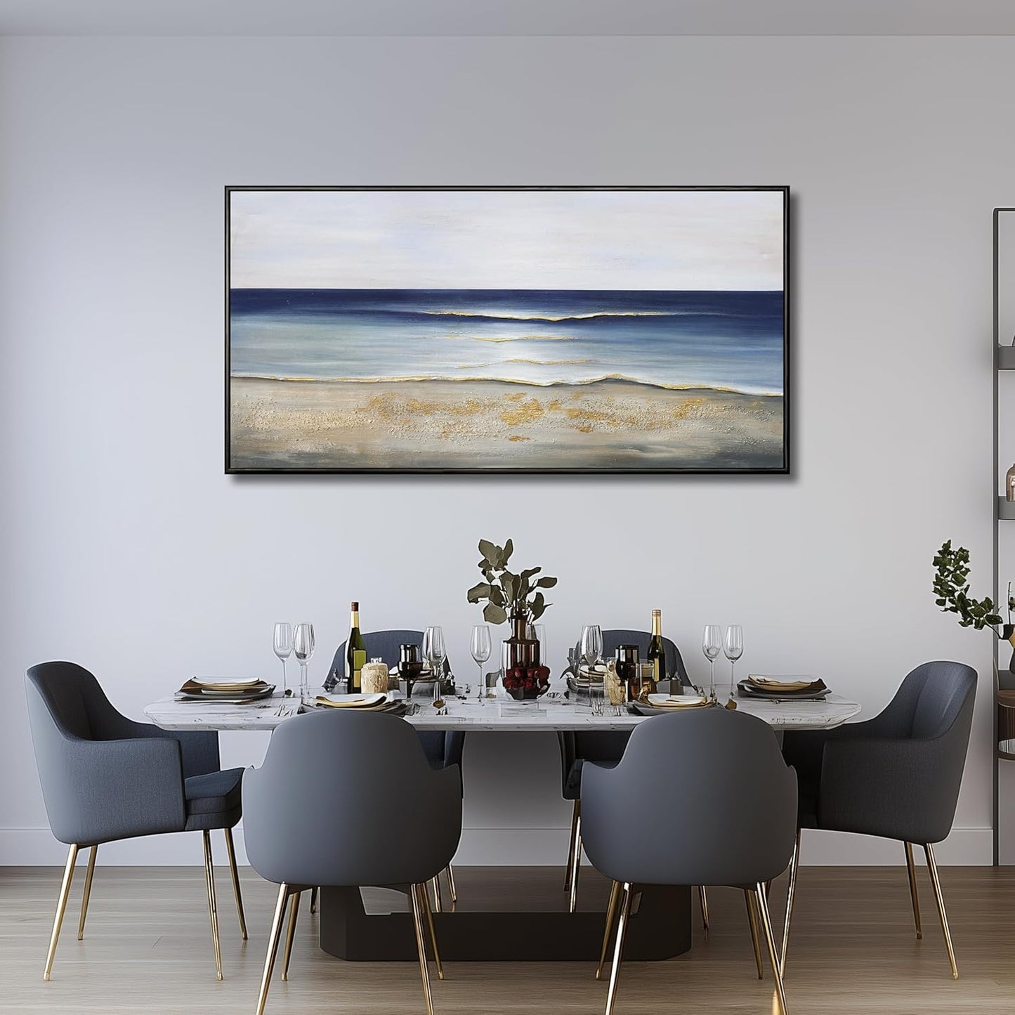 Yuaxker Ocean Wall Art Blue and White Wall Decor Framed Aesthetic Artwork Wall Hanging Canvas Painting for Living Room Bedroom Dining Room Office Home Decor 24x48 Inch