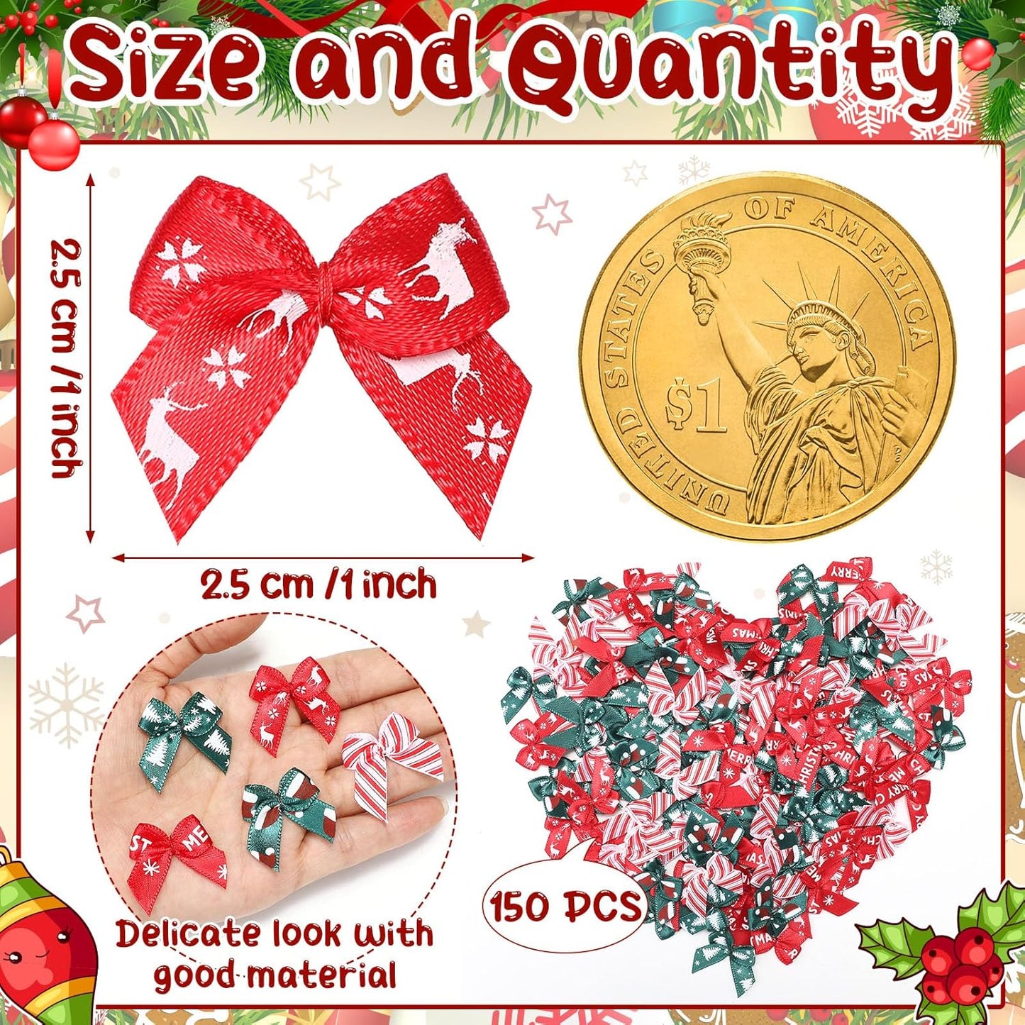Syhood 150 Pcs Christmas Mini Bow Tiny Twist Tie Bow Handmade Craft Ribbon for DIY Sewing Party Decor(Red and Green,Patterned)