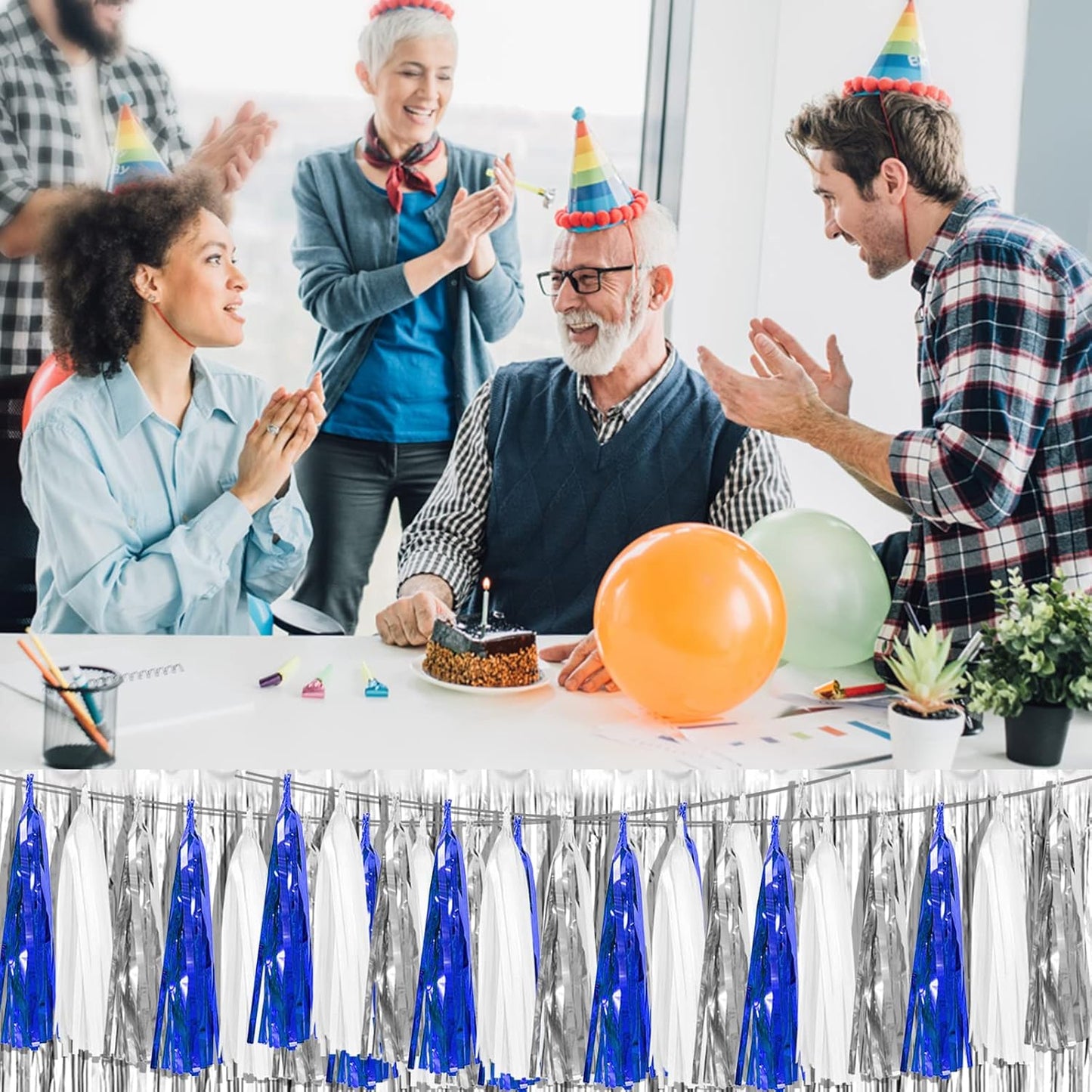 4P Navy-Blue White-Silver Foil Fringe Metallic Tassel Garland Banner, Tassels Banner Streamers for Parade Floats, Bachelorette, Wedding, Birthday, Halloween, Bridal/Baby Shower Party Decorations