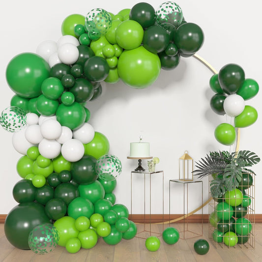 Amandir 153pcs Green Balloons Arch Garland Kit, Different Sizes 18 12 10 5inch Dark Emerald Light Lime Green Latex Confetti Balloon for Safari Jungle Baby Shower Birthday Graduation Party Decorations