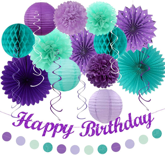 Teal-purple Lavender Girl Mermaid-birthday Party-decorations - 21pcs Happy Banner,Under The Sea Ocean Paper Lanterns Honeycomb Streamers,Tissue Pom Poms Flower Fan,Classroom Hanging Decor Huglony