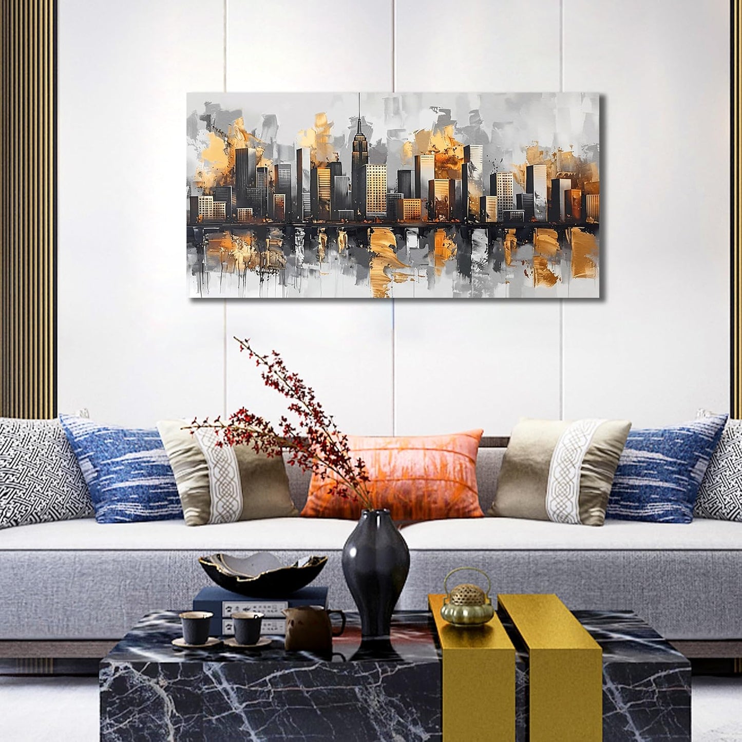 Ouzzlie Gold Artwork Vintage Wall Art City Poster Pictures for Wall Black Art for Home Kitchen 20"x 40"