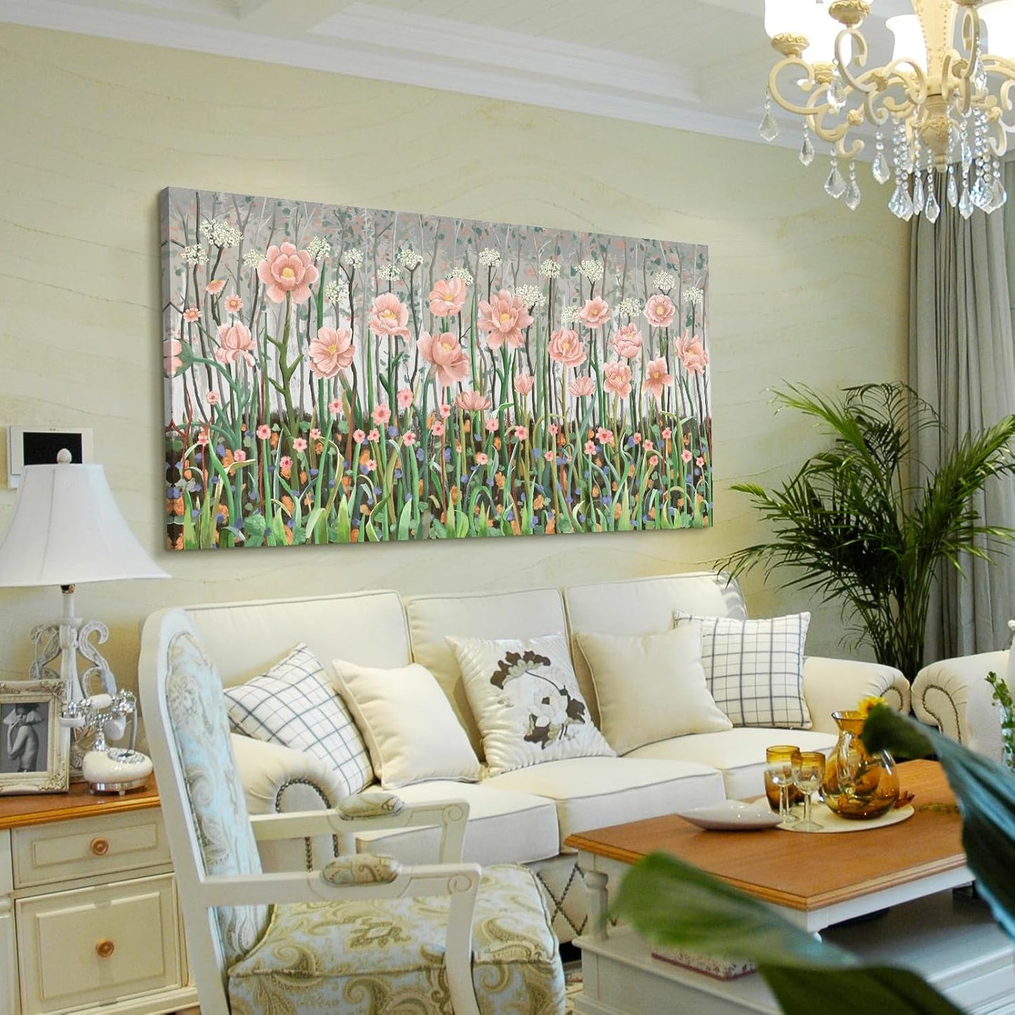 amatop Extra Large Floral Wall Picture for Living Room Modern Botanical Canvas Prints Flower Field Wall Decor Abstract Nature Art Wildflower Garden Pink Green Stretched Artwork Bedroom Office 58x29 in