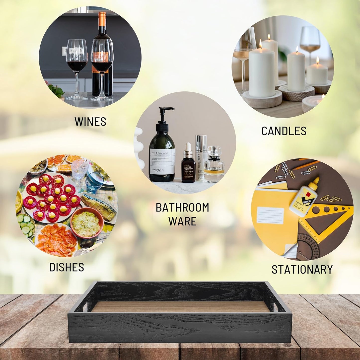 Wood Serving Tray with Handles, Home Decorative Wooden Rectangle Ottoman Decor Platter Vanity Tray for Breakfast Dinner Drinks Kitchen Dining Living Bathroom Restaurants Black Wooden