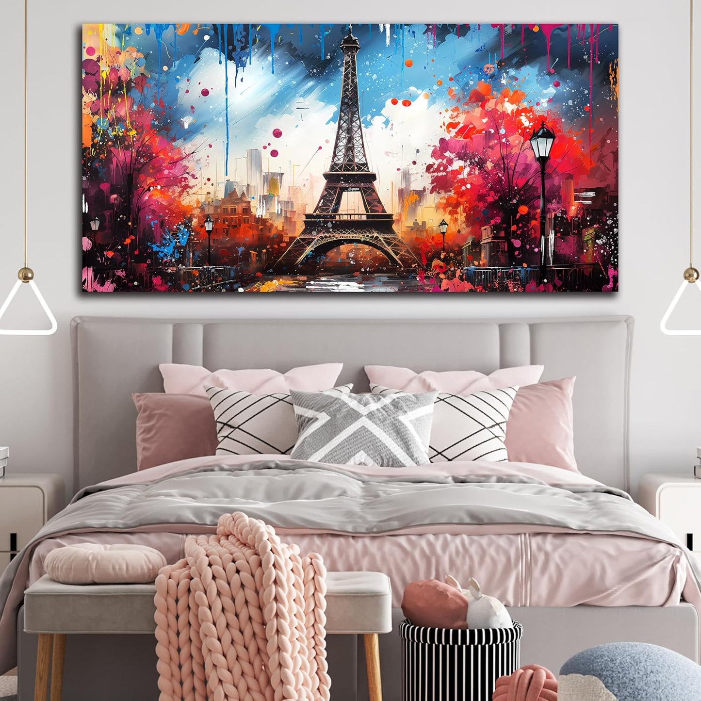 Large Canvas Wall Art Paris Eiffel Tower Decor Modern Graffiti Canvas Prints Ready to Hang for Living Room Bedroom Framed Home Decor Size 30x60