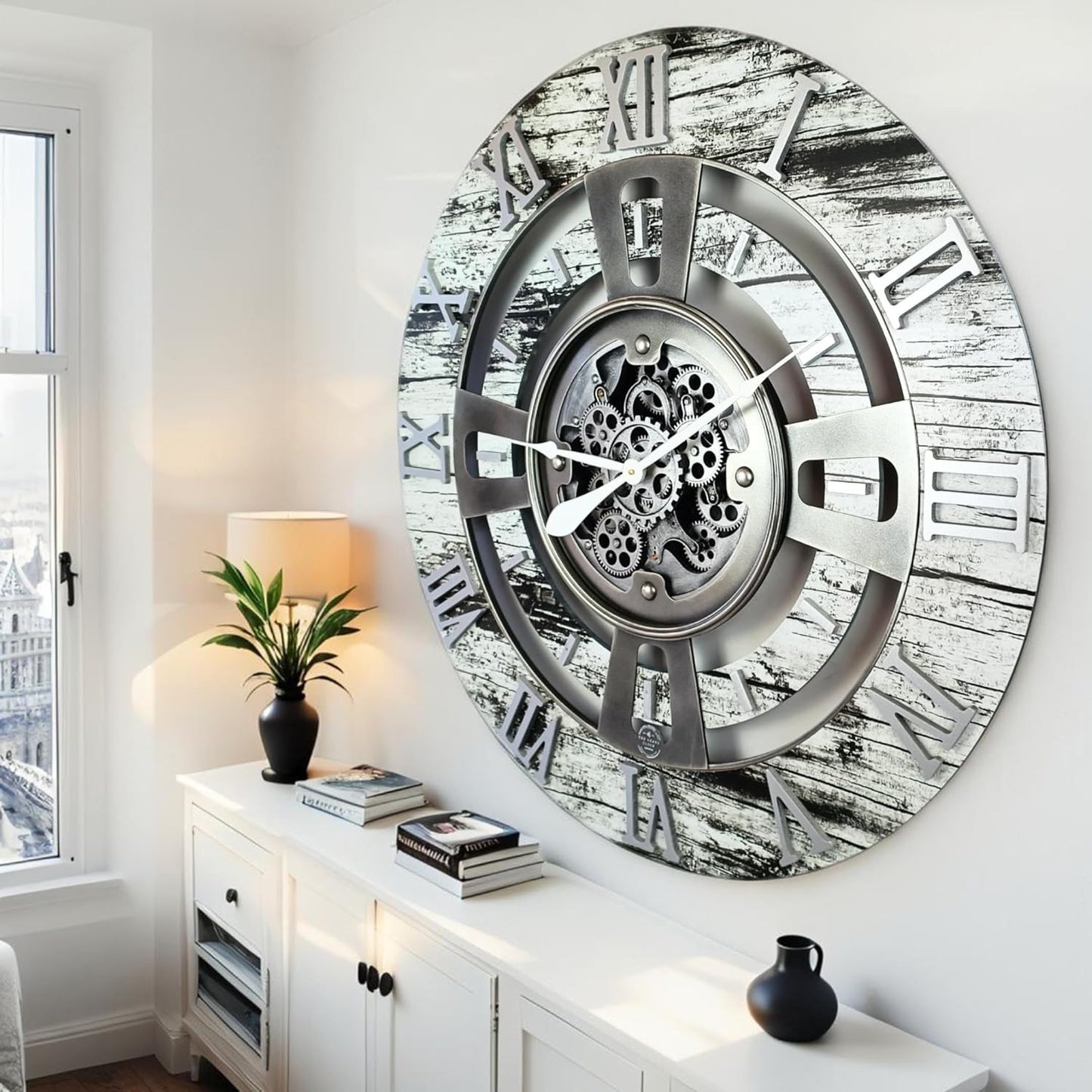 The Gears Clock Real Moving Gear Wall Clock England Line (Grey & White, 36 inches (90 cm))