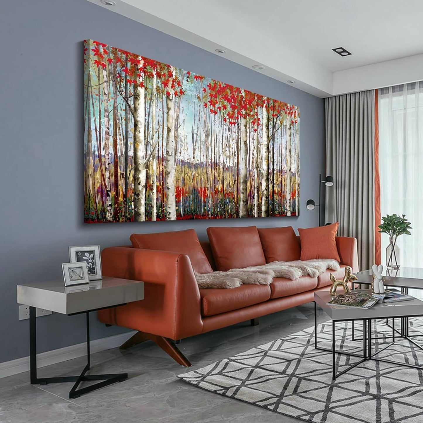 Canvas Wall Art for Living Room Bedroom Modern Wall Decor of Red Leaves White Birch Tree Forest Painting Artwork Wall Decoration 29x58 Large Size with Wood Framed Easy to Hang for Home