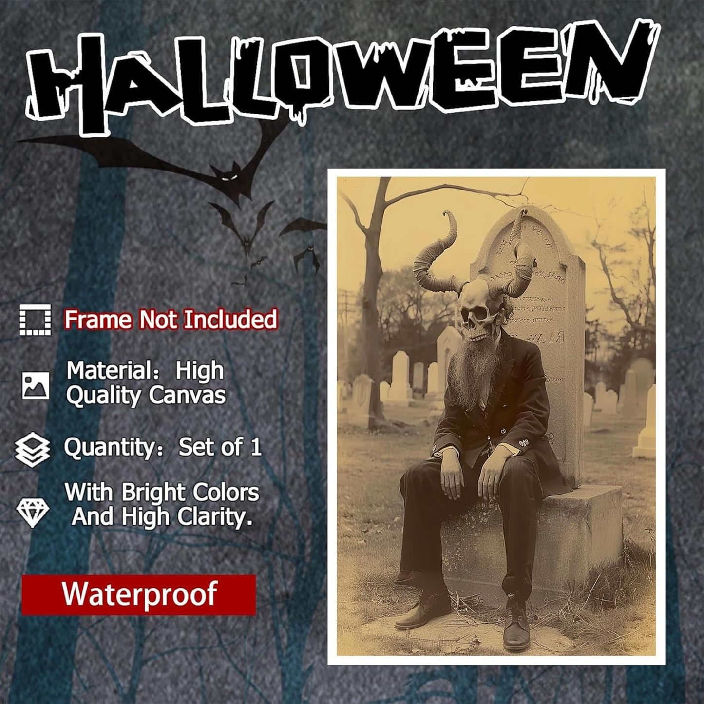 Skeleton Halloween Forest Occult Poster Vintage Spooky Canvas Wall Art Gothic Room Decor Dark Academia Bedroom Decorations Creepy Skull Prints Picture Aesthetic 12X16inch Unframed